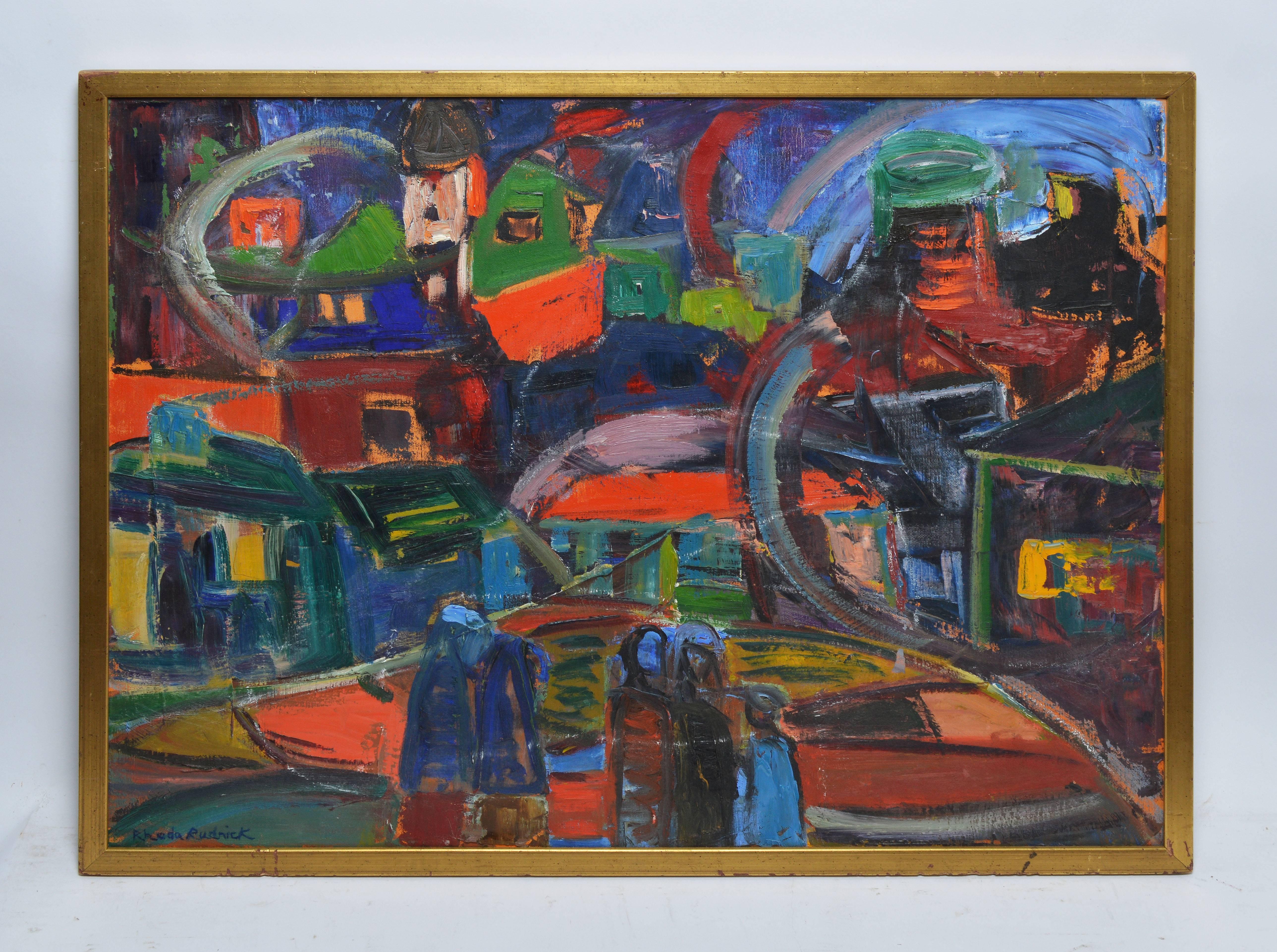 American School Mid Century Modern Abstract Cityscape - Painting by Unknown