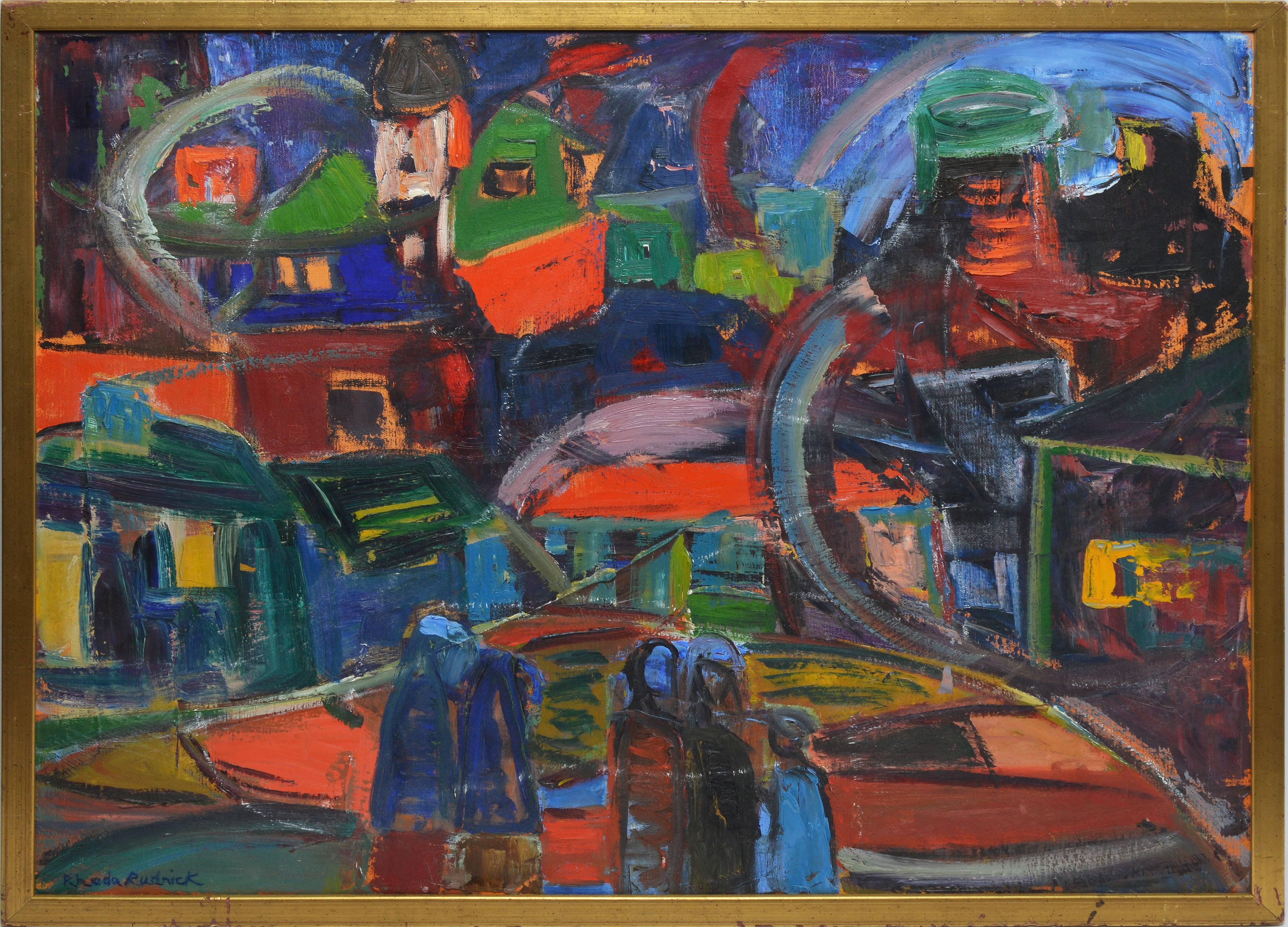 Unknown Abstract Painting - American School Mid Century Modern Abstract Cityscape