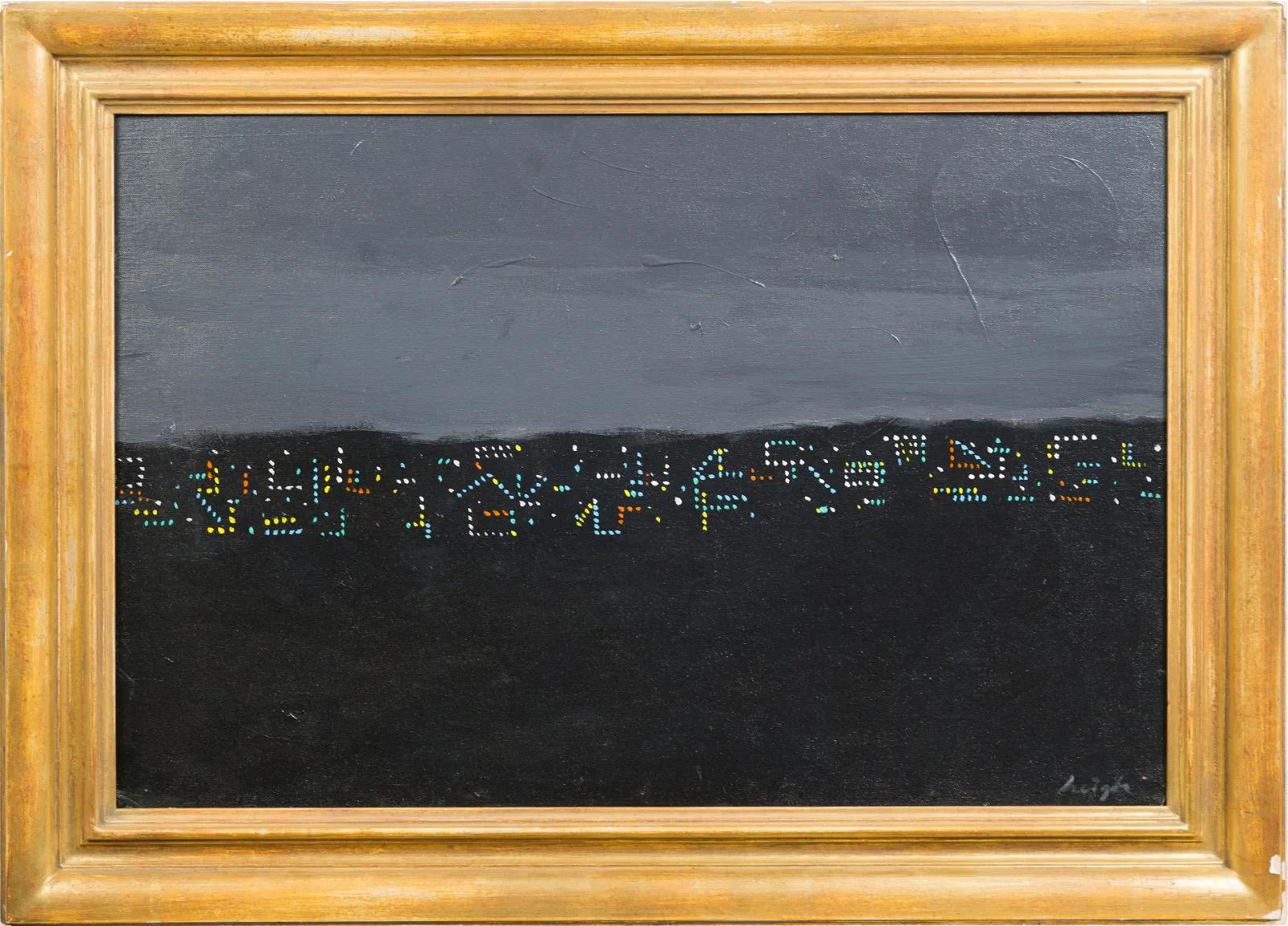Unknown Landscape Painting – Abstrakte Stadtlandschaft der amerikanischen Schule, Holiday Lights, signiertes Ölgemälde