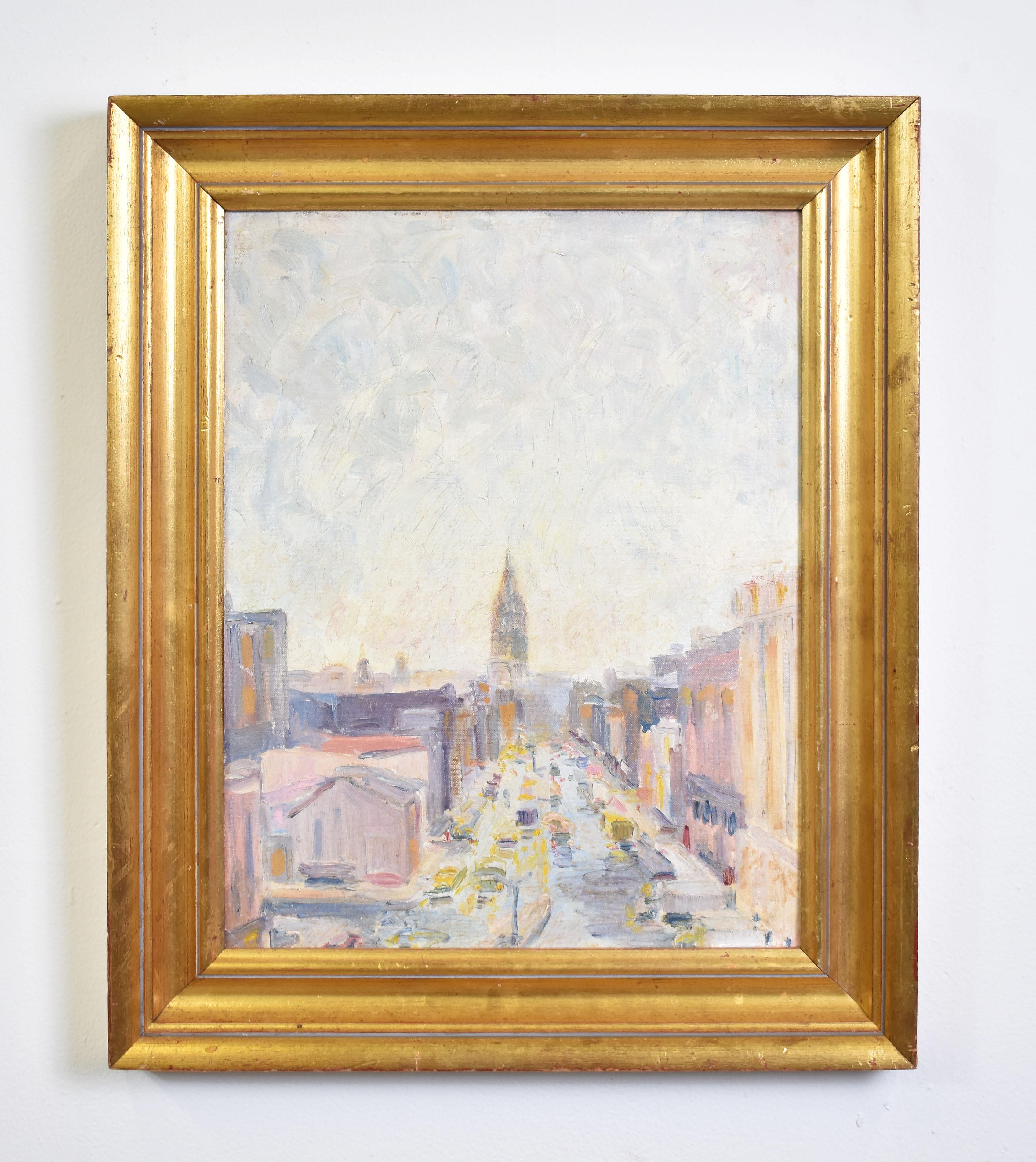 American School Modernist Ashcan Style Oil Painting of New York City - Beige Landscape Painting by Unknown