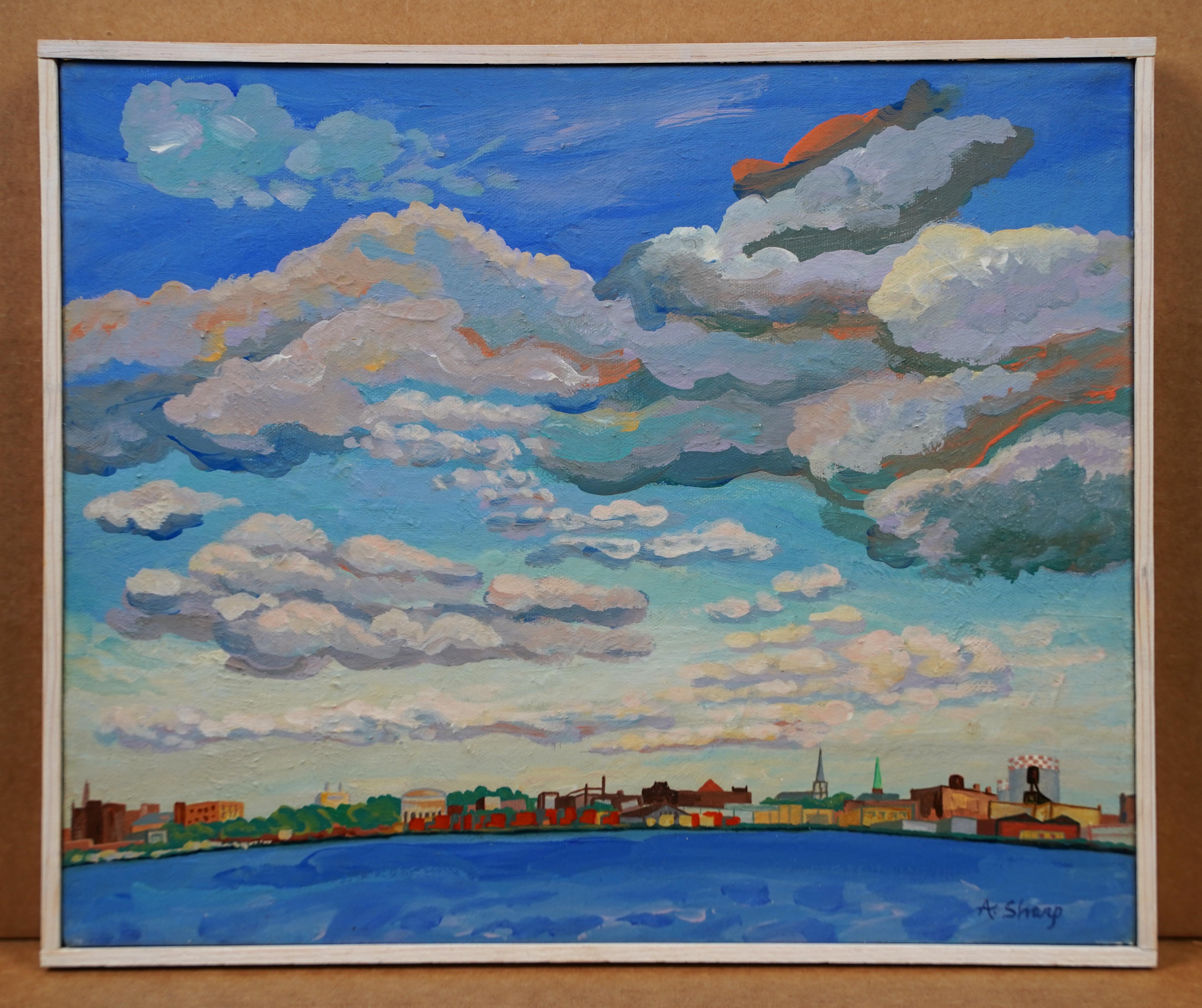 Pittura ad olio originale di scuola americana modernista con cornice di New York City View - Painting Moderno di Unknown