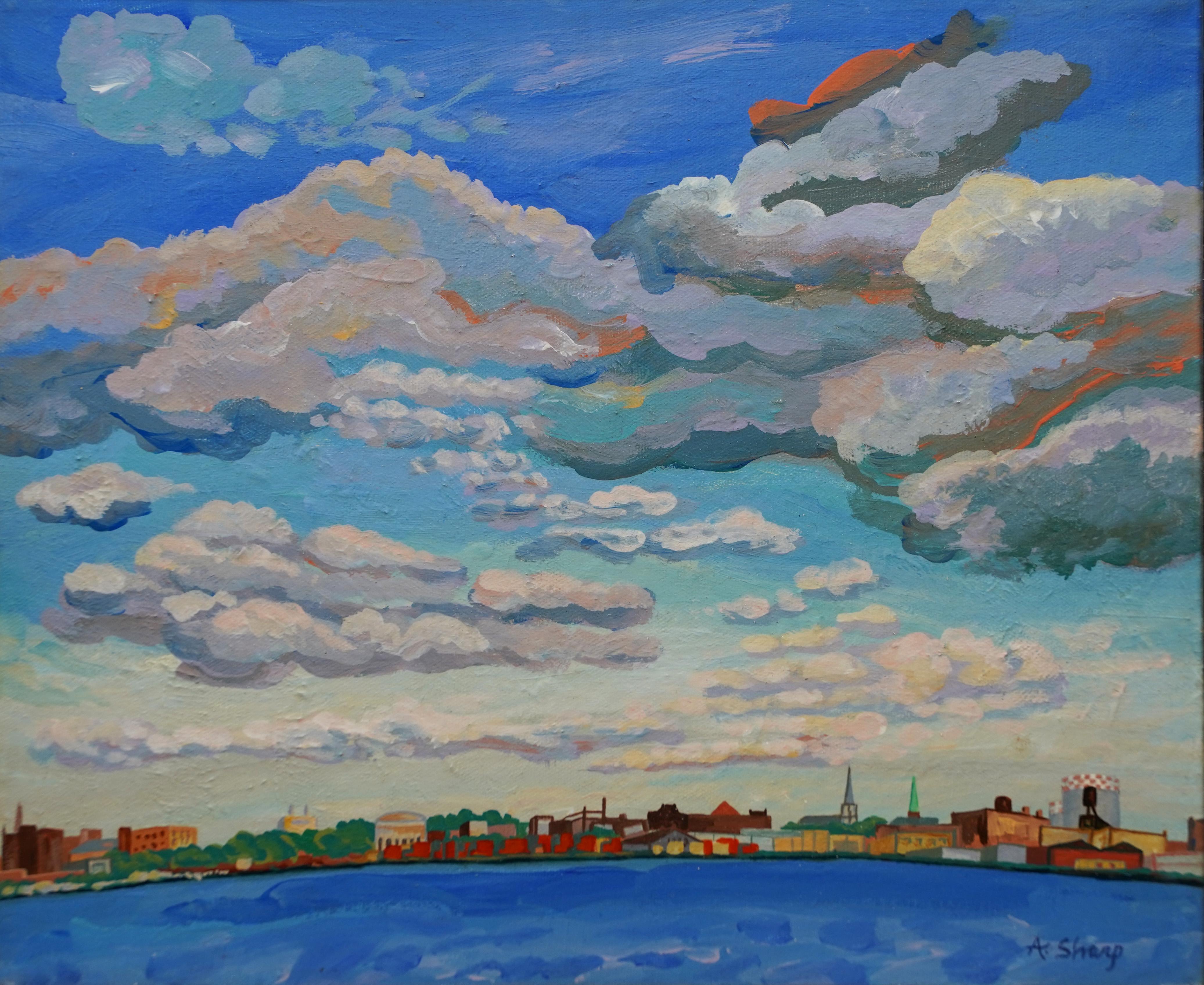 Pittura ad olio originale di scuola americana modernista con cornice di New York City View - Landscape Painting Grigio di Unknown
