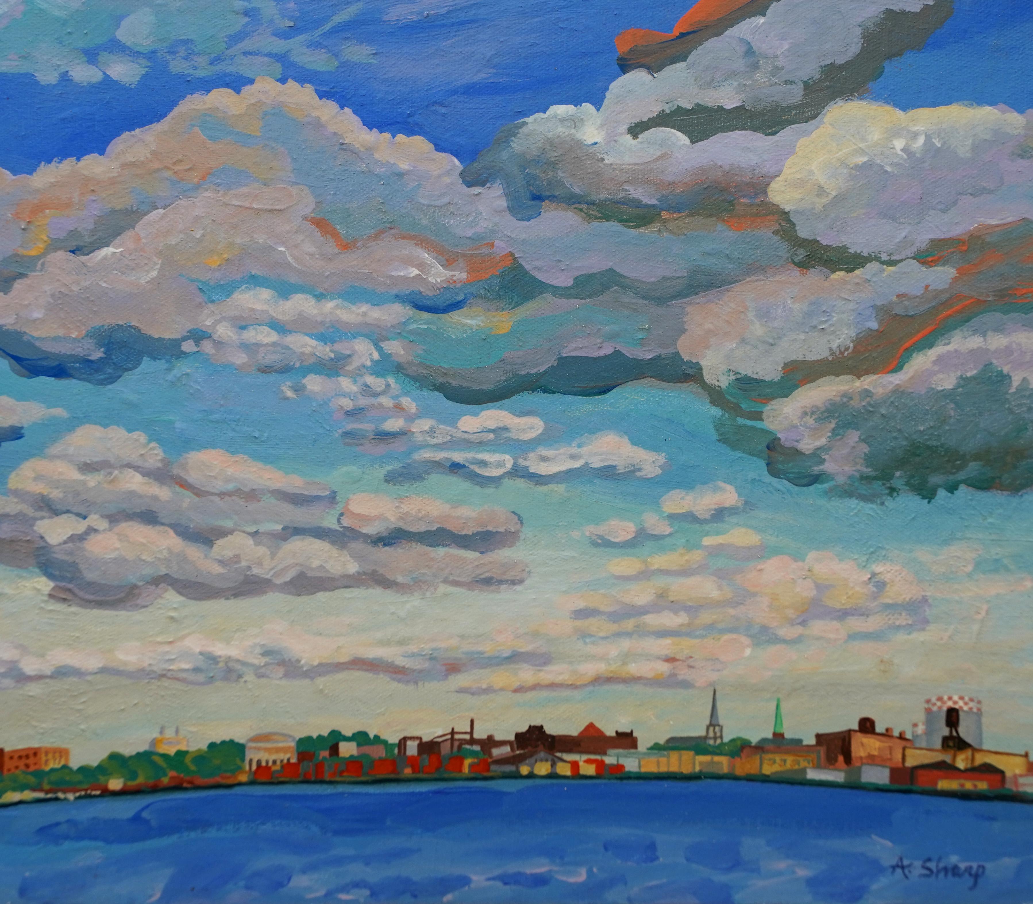Pittura ad olio originale di scuola americana modernista con cornice di New York City View 1
