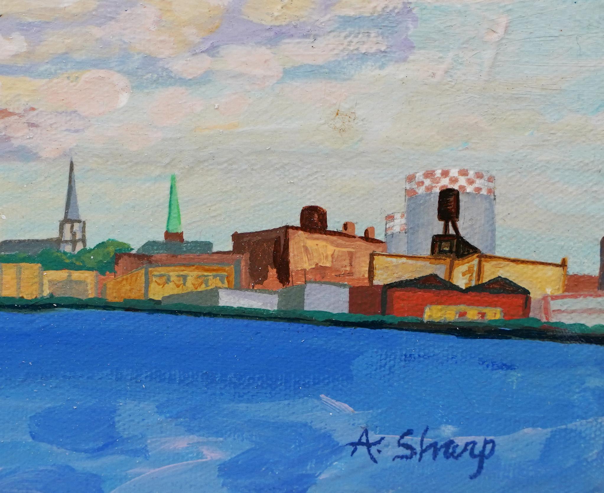 Pittura ad olio originale di scuola americana modernista con cornice di New York City View 2