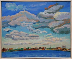 Pittura ad olio originale di scuola americana modernista con cornice di New York City View