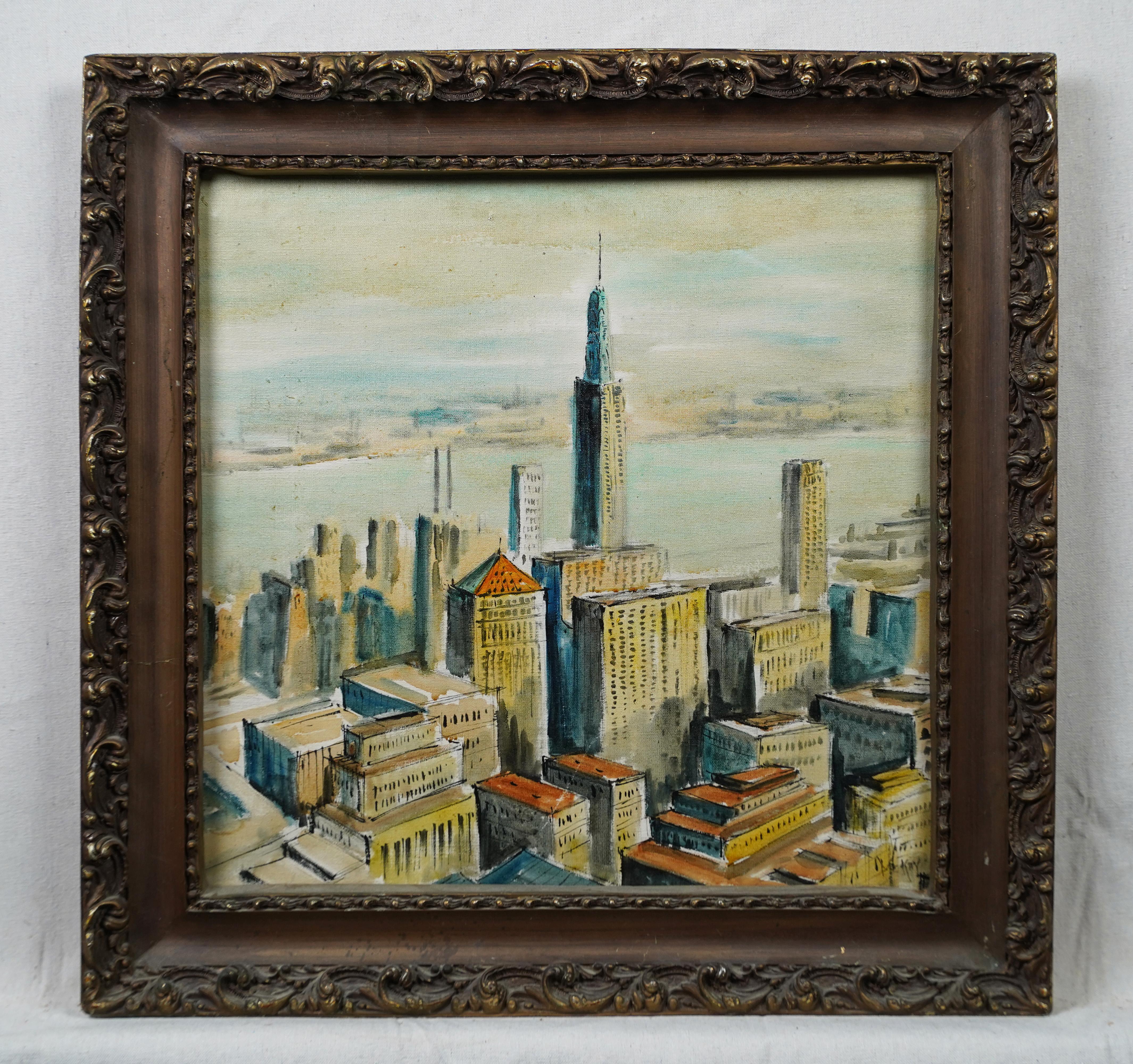 American School Modernist Framed Original Arial View New York City Oil Painting 1