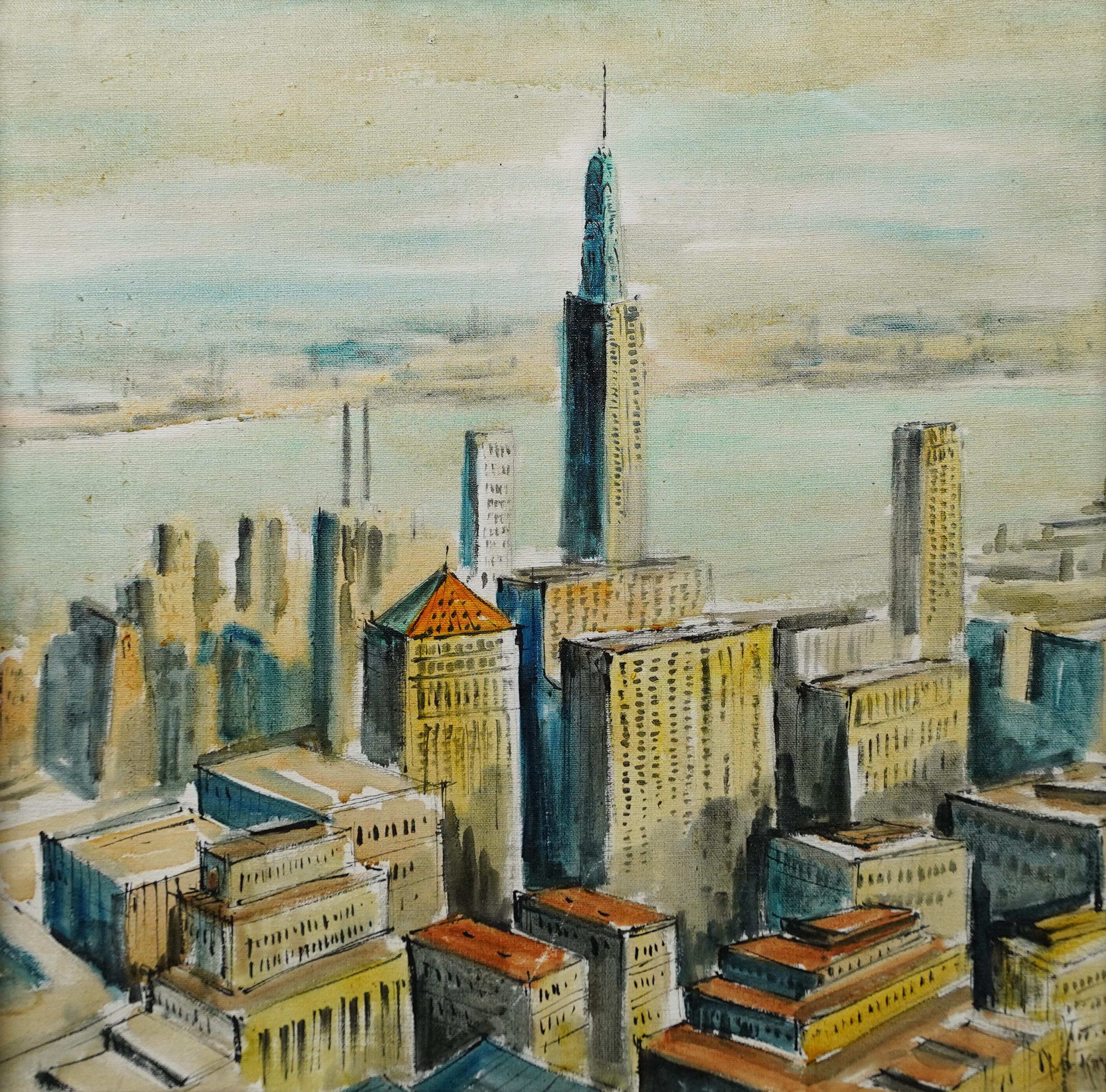 American School Modernist Framed Original Arial View New York City Oil Painting 2