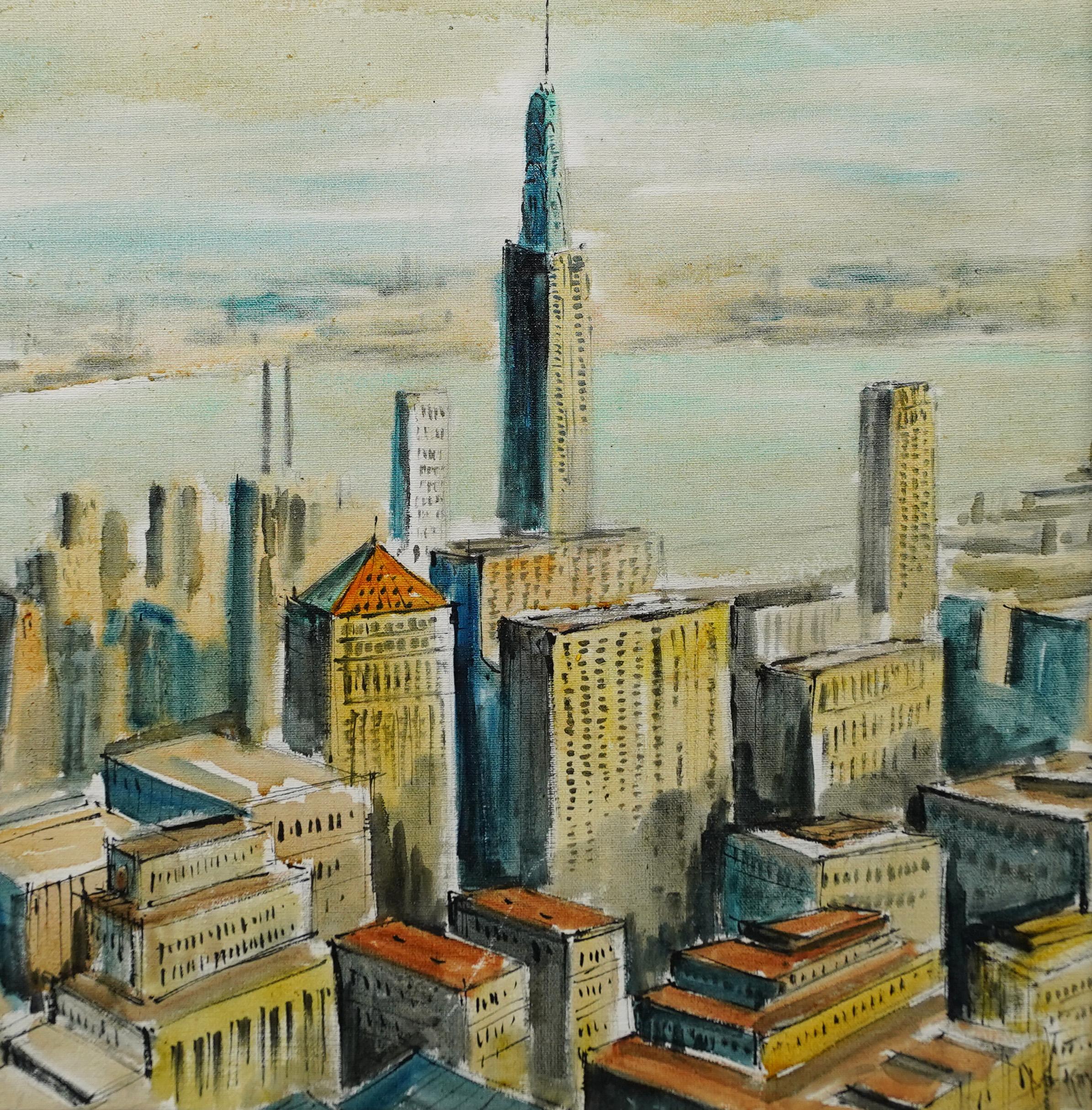 American School Modernist Framed Original Arial View New York City Oil Painting 3