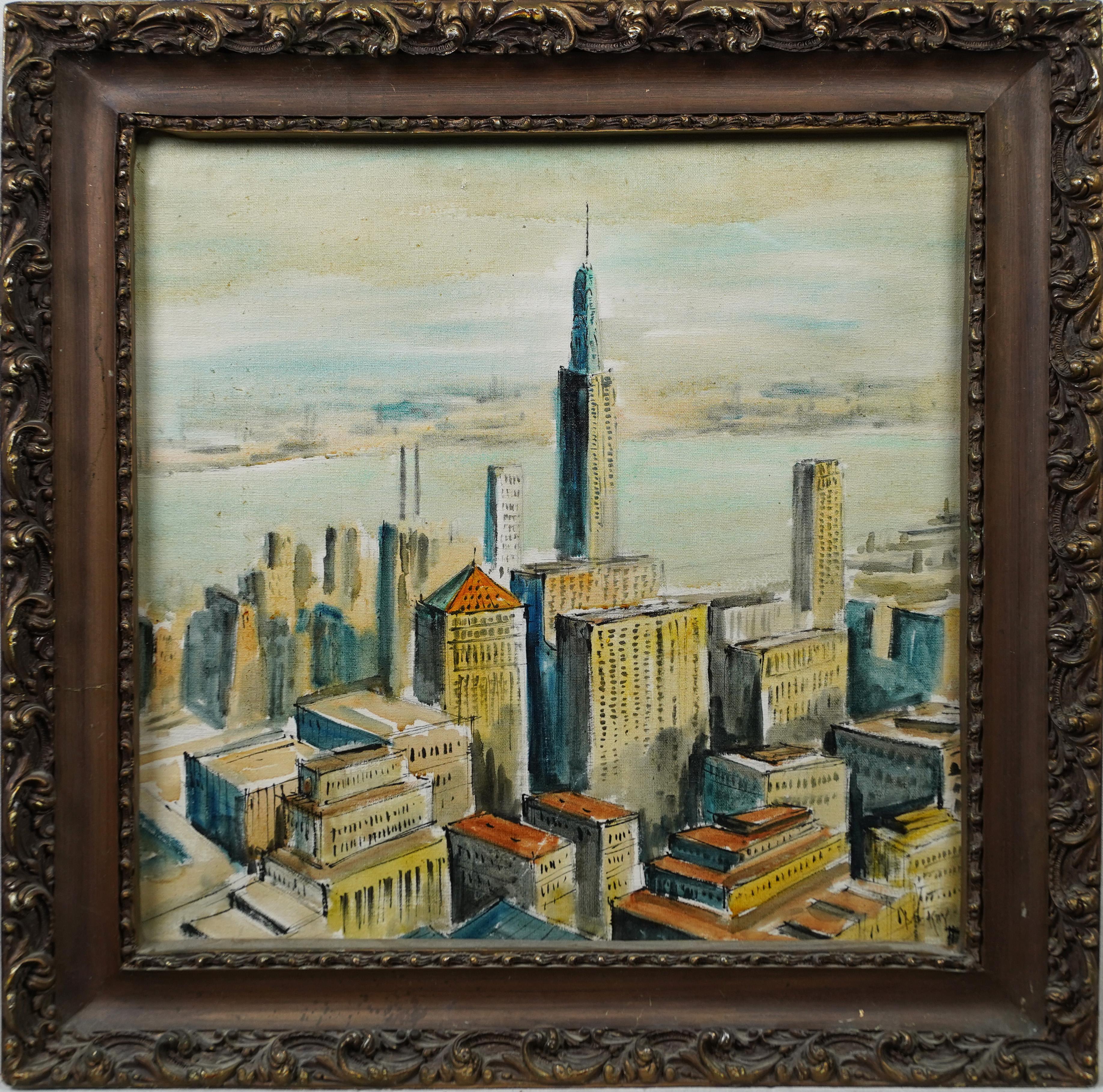 Unknown Landscape Painting - American School Modernist Framed Original Arial View New York City Oil Painting