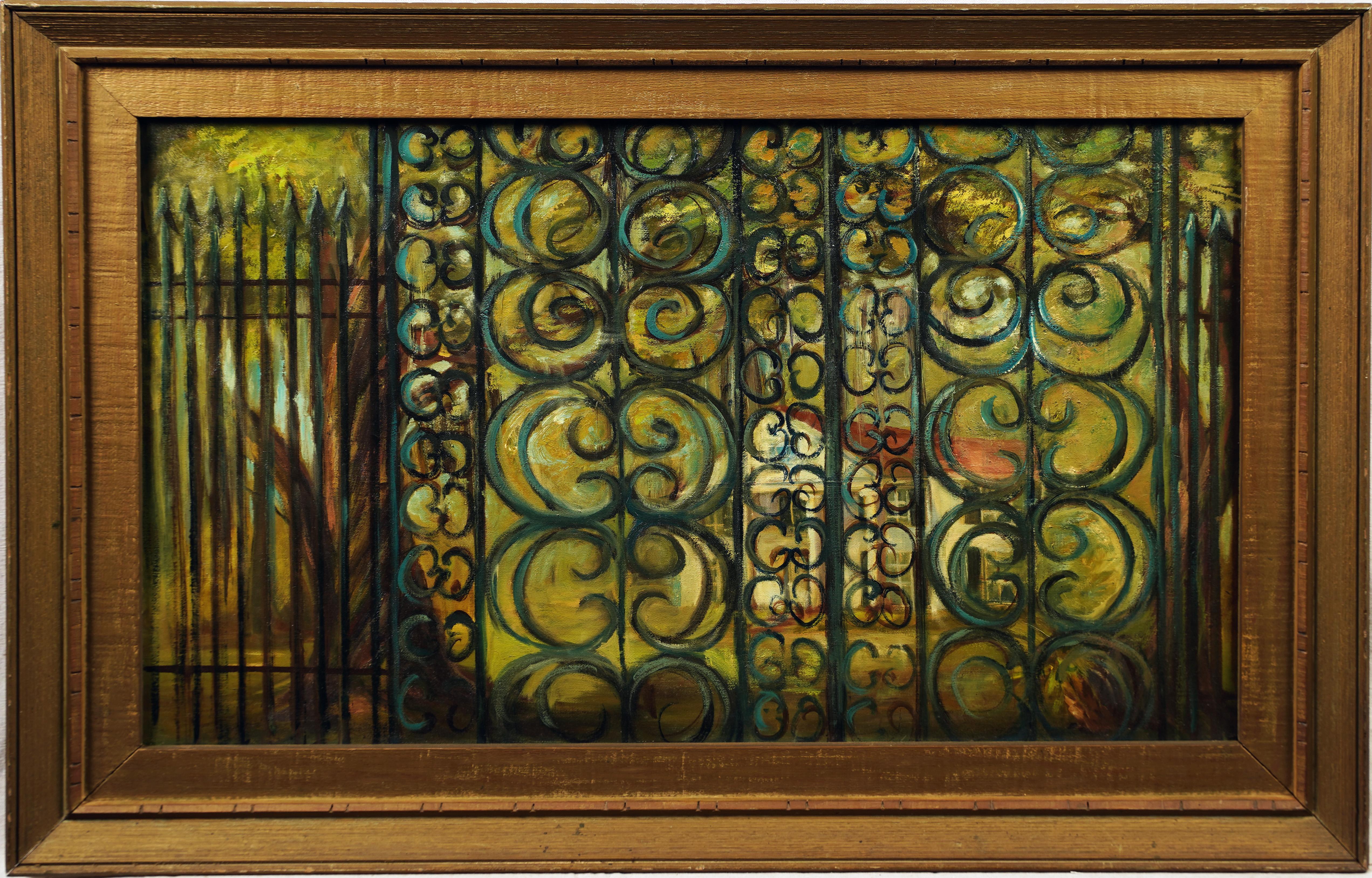 Antique American modernist architectural iron gate oil painting.  Oil on canvas.  Signed.  Framed. 