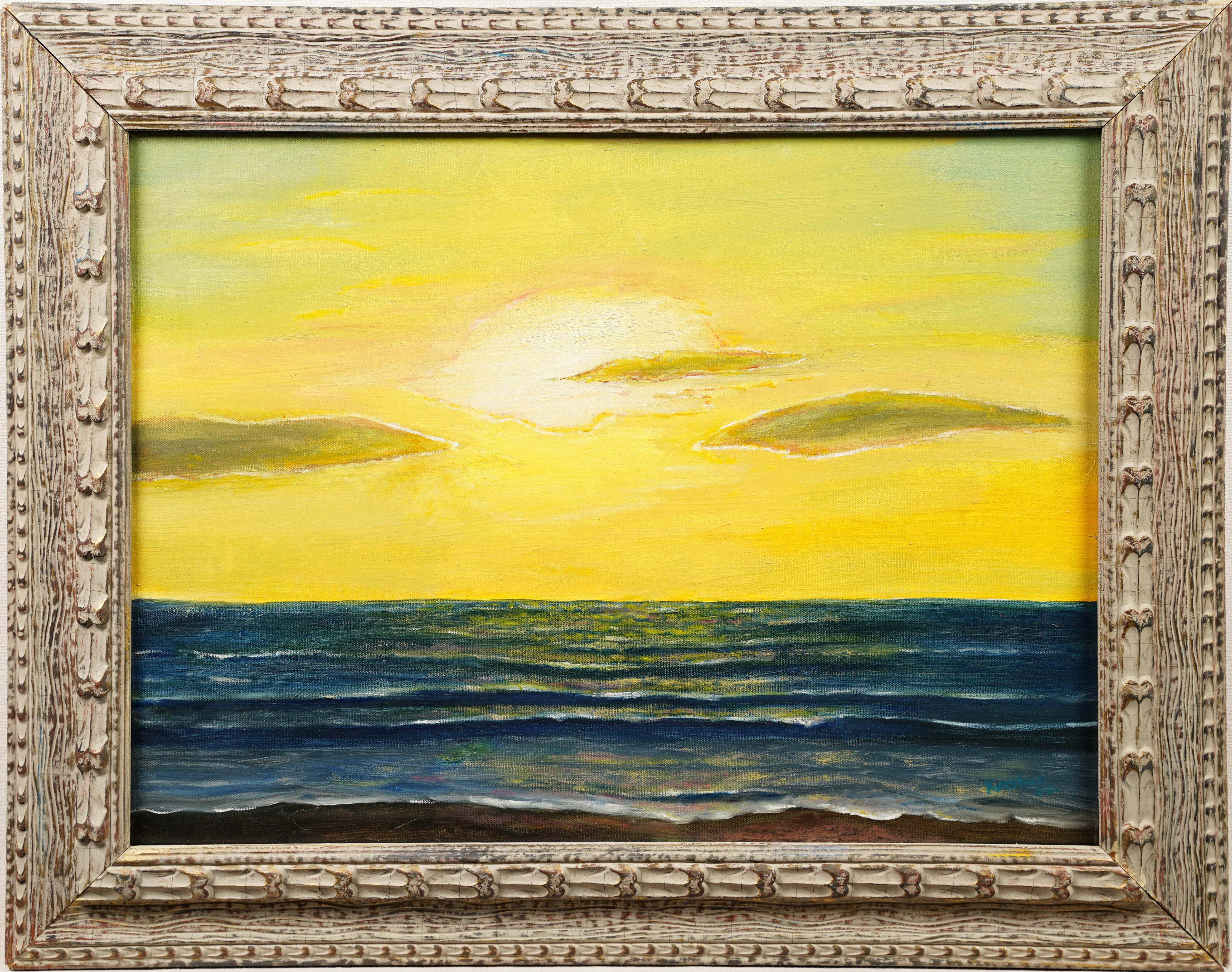 American School Modernist Framed Original Sunset Signed Seascape Oil Painting - Beige Landscape Painting by Unknown