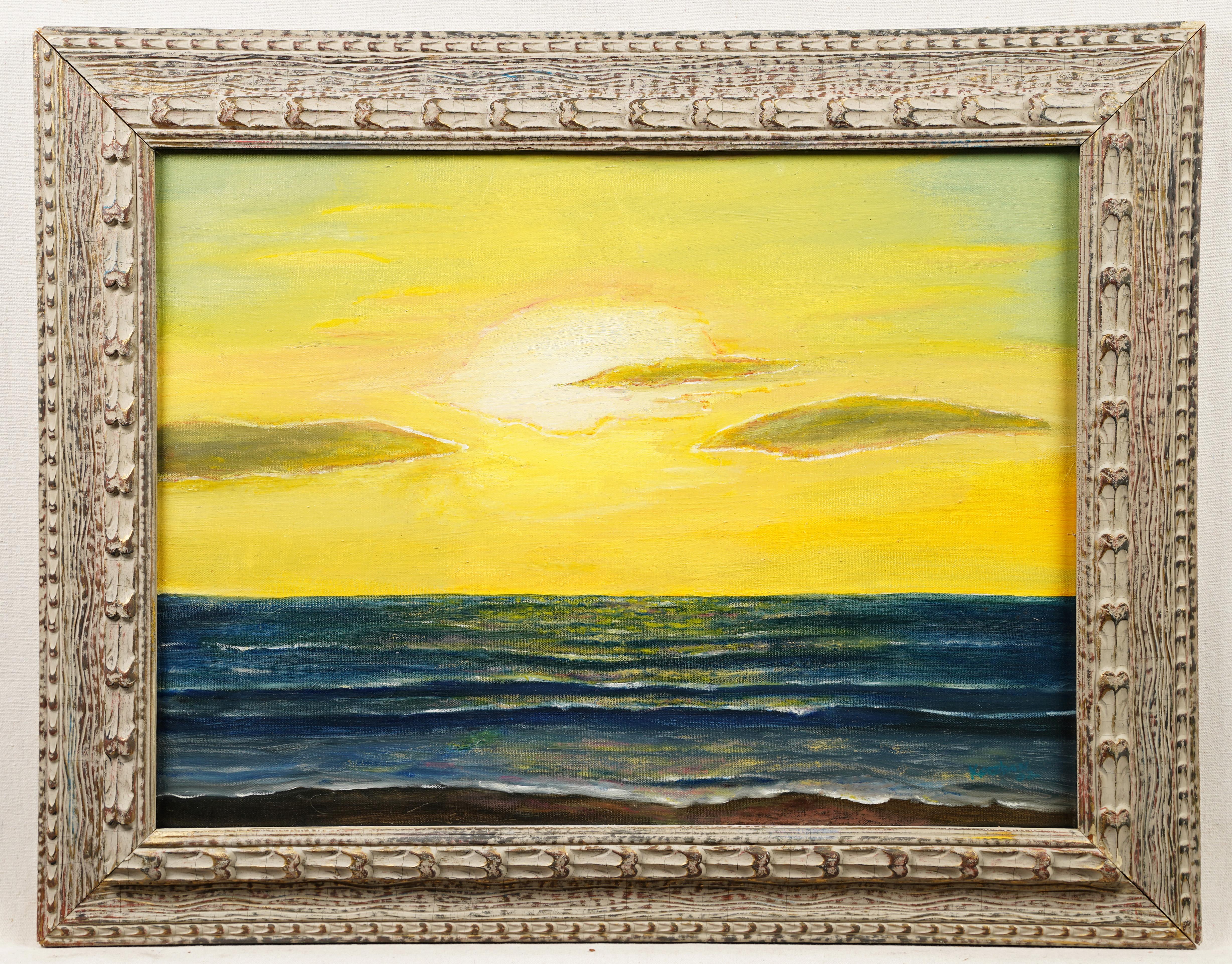 Ecole Américaine Moderniste Peinture à l'huile originale encadrée, signée Coucher de Soleil, paysage marin - Moderne Painting par Unknown