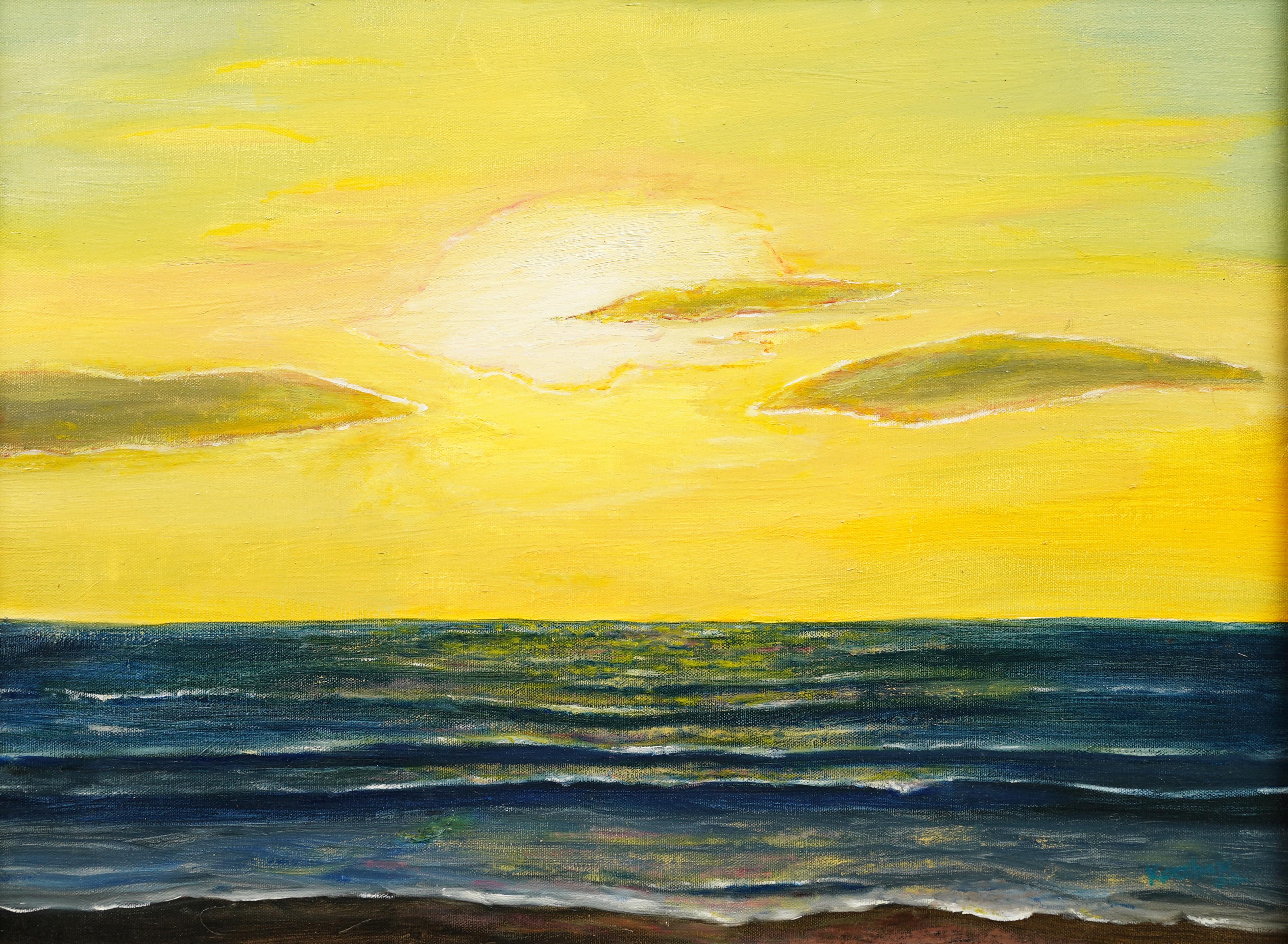 Modernistisches gerahmtes Original-Sonnenuntergang, signierte Meereslandschaft, Ölgemälde der American School (Beige), Landscape Painting, von Unknown