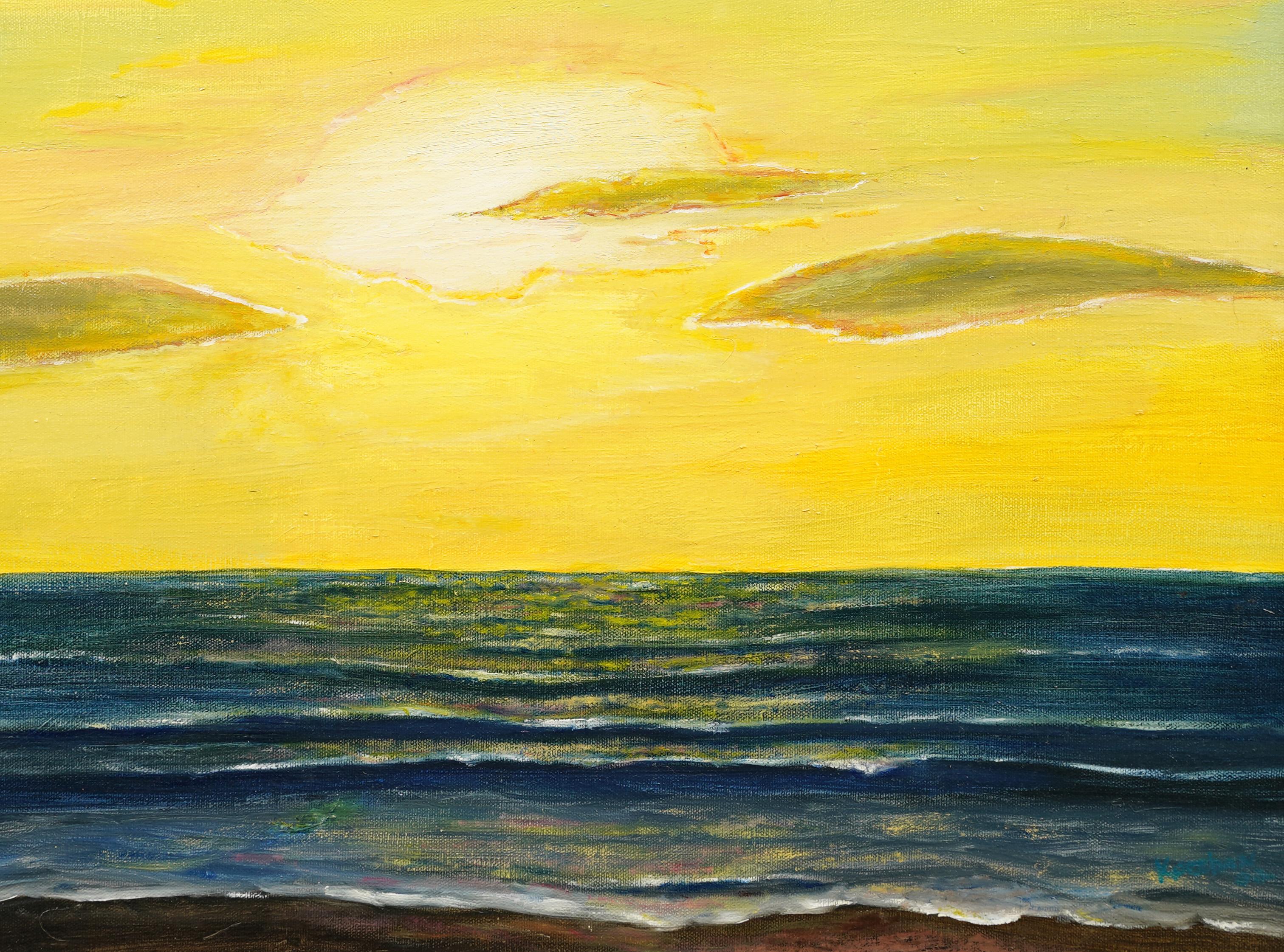 American School Modernist Framed Original Sunset Signed Seascape Oil Painting For Sale 2