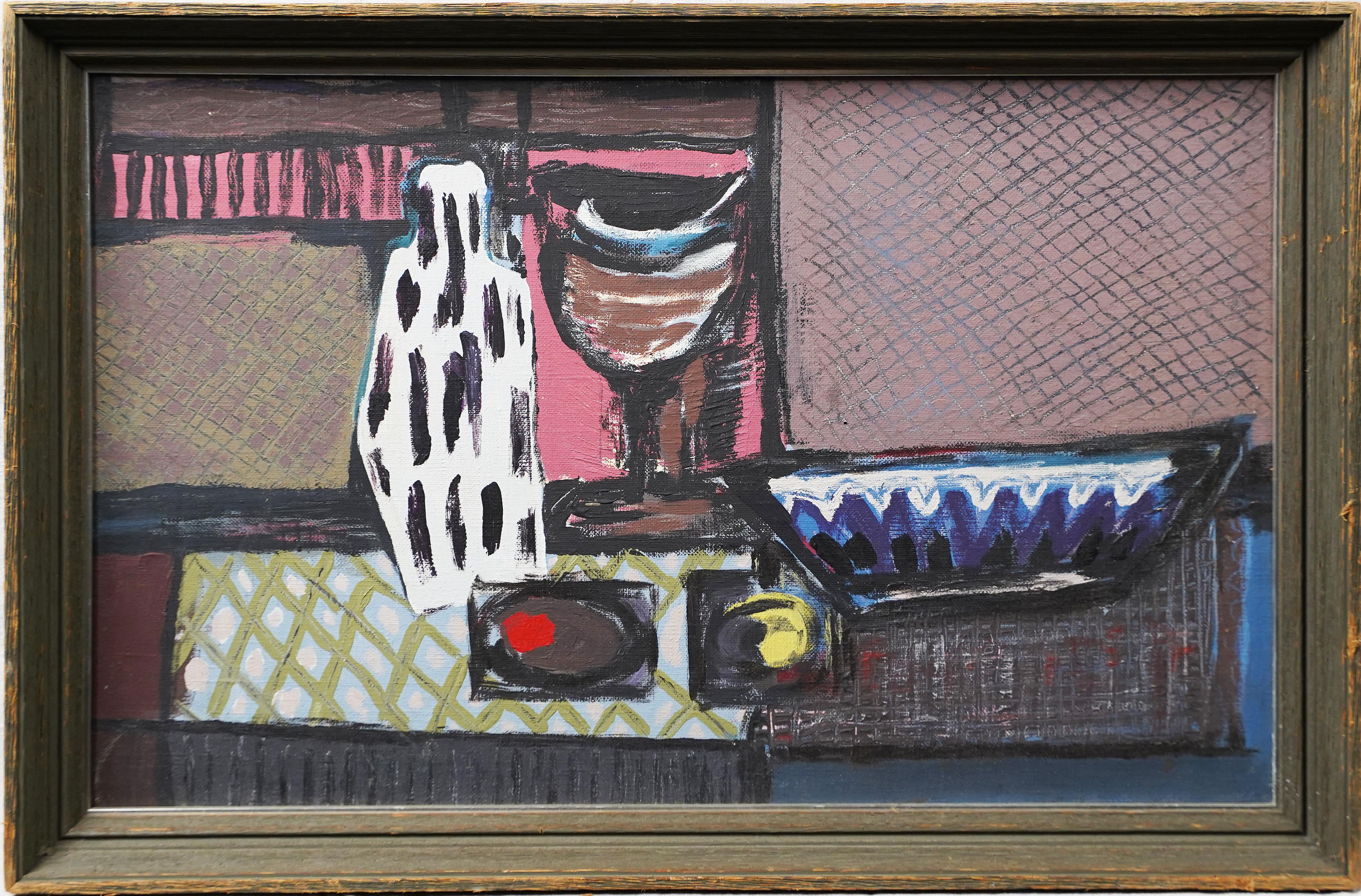 Abstraktes Ölgemälde, gerahmtes rosa Küchenstillleben, Moderne der amerikanischen Schule – Painting von Unknown