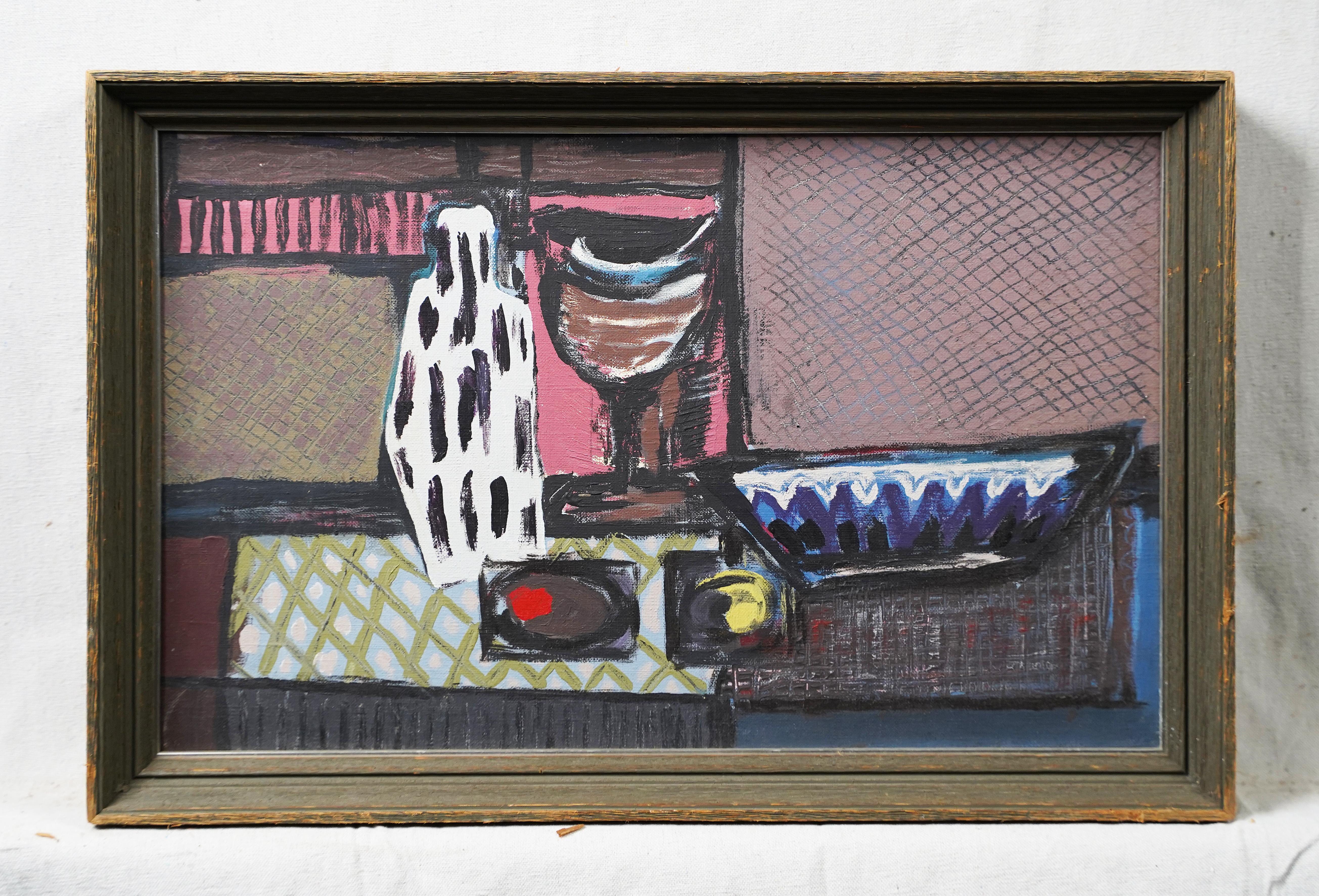 Abstraktes Ölgemälde, gerahmtes rosa Küchenstillleben, Moderne der amerikanischen Schule (Grau), Abstract Painting, von Unknown