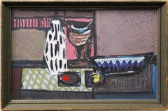 Retro American School Modernist Framed Pink Kitchen Still Life Abstract Oil Painting