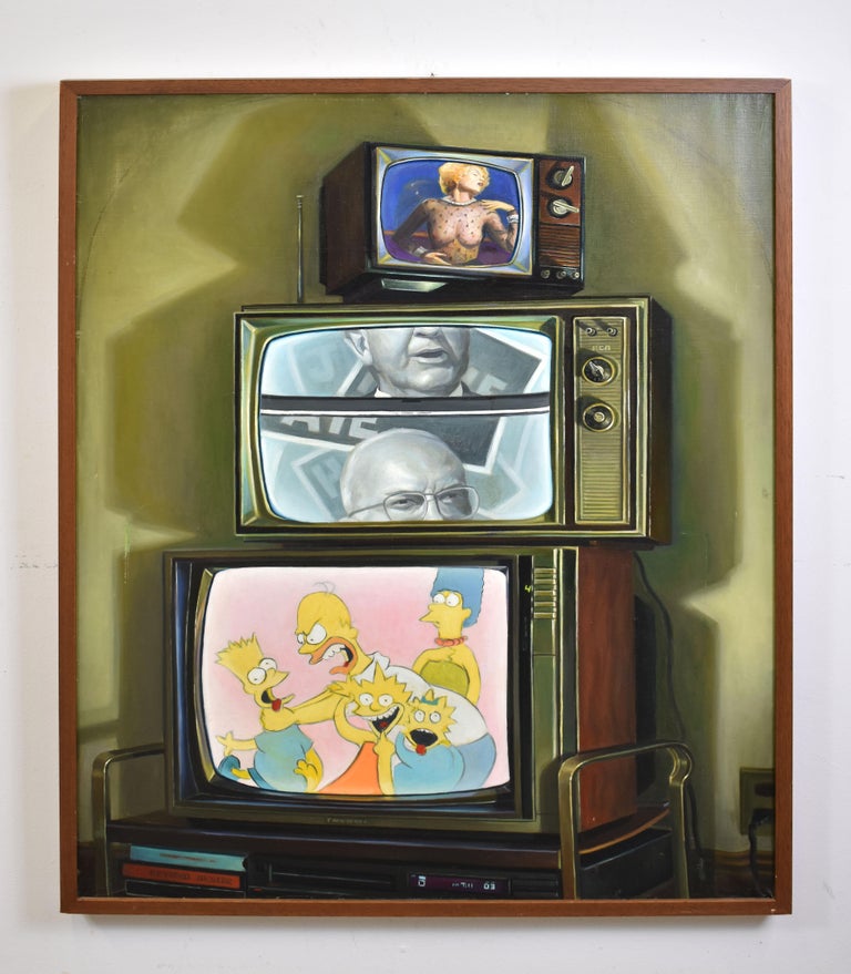American School Modernist Interior View Surreal TV Simpsons Madonna Oil Painting - Brown Figurative Painting by Unknown