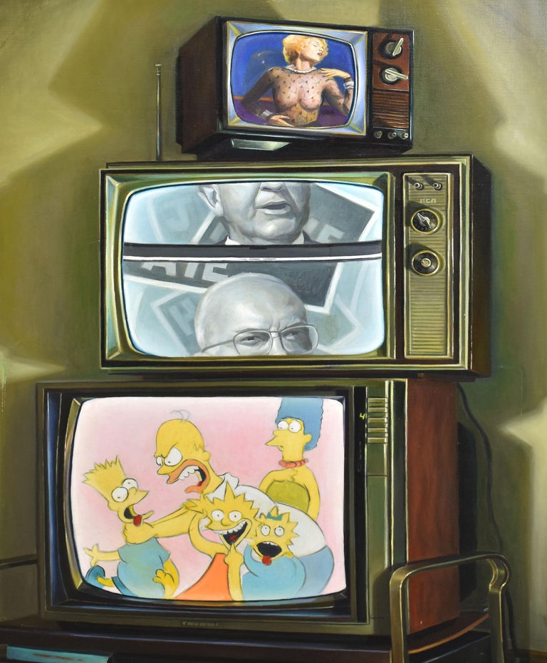 American School Modernist Interior View Surreal TV Simpsons Madonna Oil Painting For Sale 1