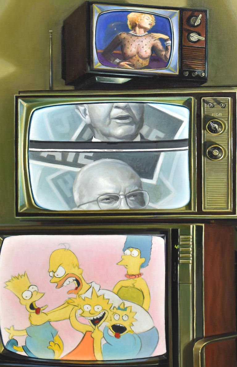 American School Modernist Interior View Surreal TV Simpsons Madonna Oil Painting For Sale 2