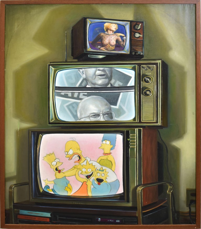 Unknown Figurative Painting - American School Modernist Interior View Surreal TV Simpsons Madonna Oil Painting