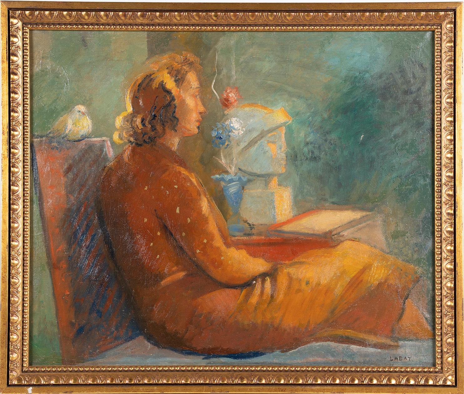 American School Modernist Interior Woman Portrait Signed Framed Oil Painting - Brown Interior Painting by Unknown