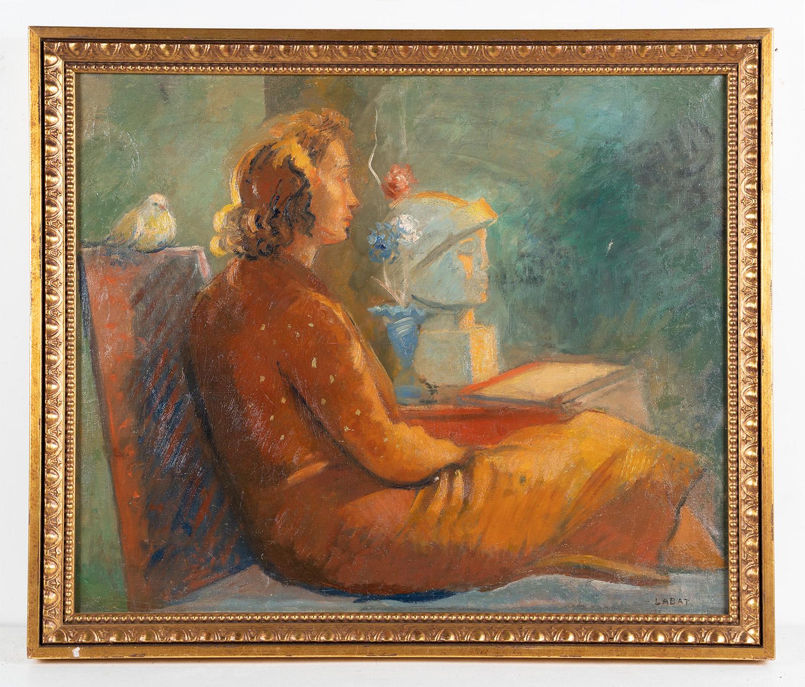 Finely painted American modernist portrait.  Signed lower right.  Nicely framed.  Oil on canvas.  Image size, 24H x 29L.
