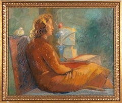 American School Modernist Interior Woman Portrait Signed Framed Oil Painting