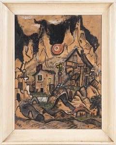 American School Modernist Surreal Cityscape Landscape Signed Regional Painting