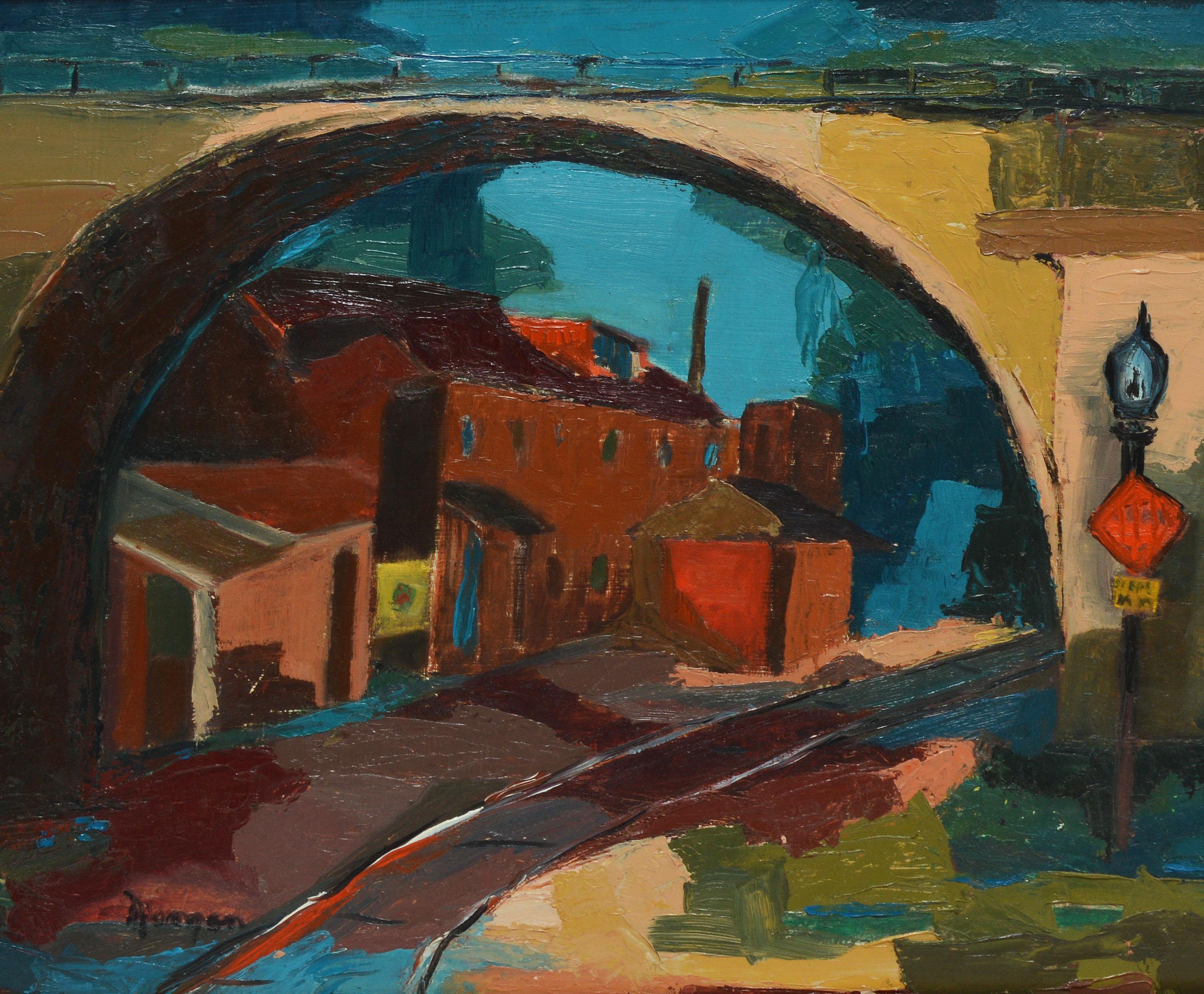 Modernist view of a cityscape.  Oil on board, circa 1940.  Signed illegibly.  Displayed in a giltwood frame.  Image size, 20