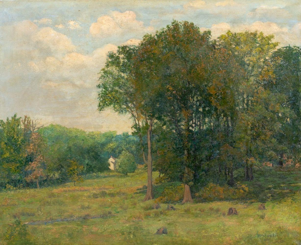 American School Pasture Scene, 1911 - Painting by Unknown