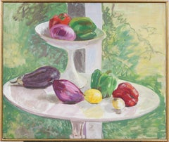 Amerikanische Schule Paprika Aubergine Küche Stillleben Gerahmte Original Ölgemälde