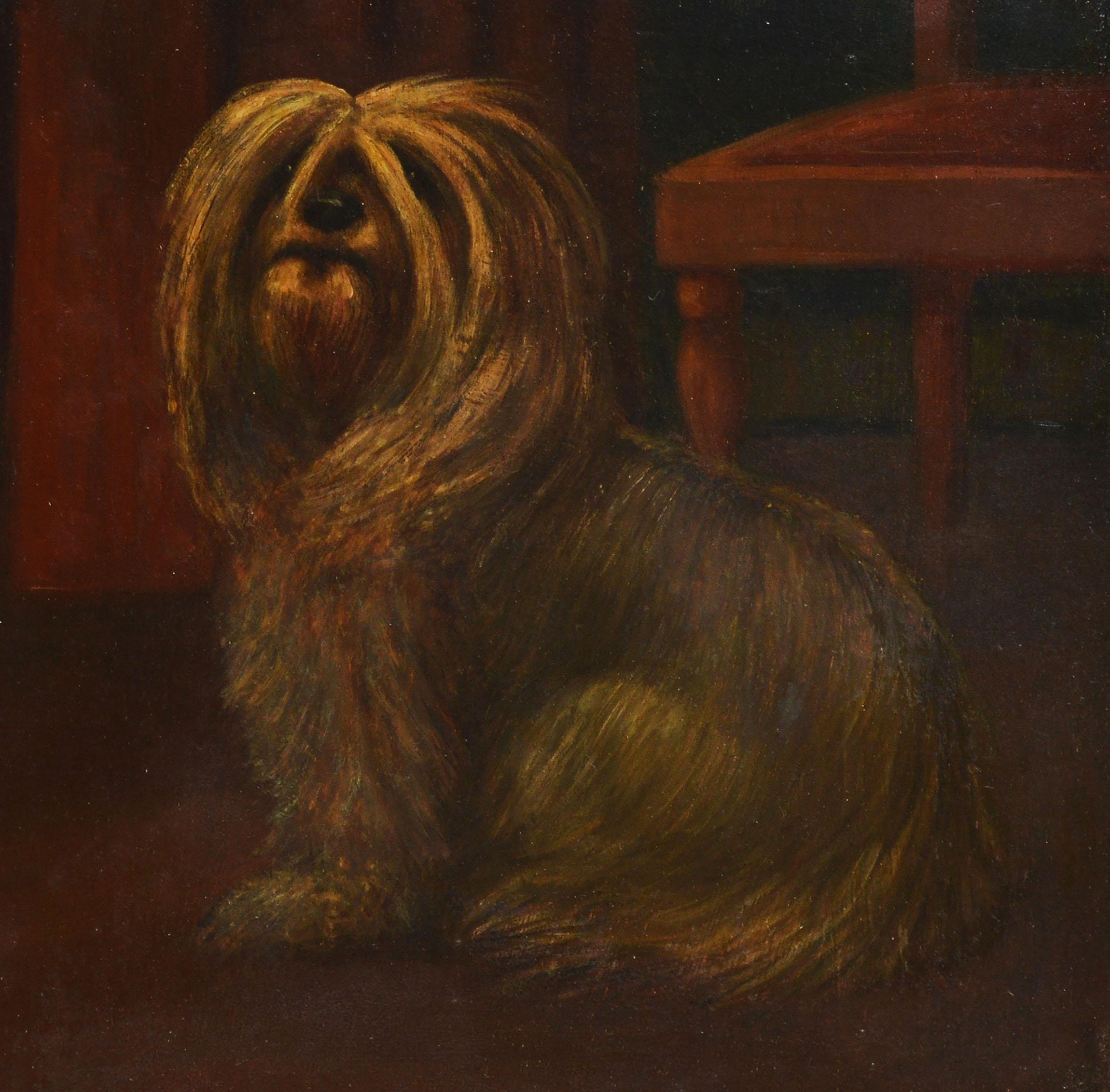 American School, Portrait of a Shaggy Dog - Brown Animal Painting by Unknown