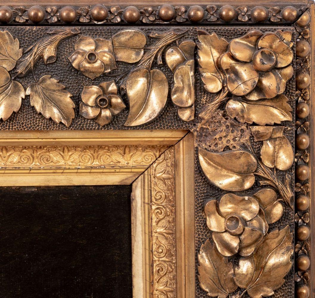 American School, Portrait of a Woman with Flowers, Oil on Canvas, late 19th century, illegibly signed lower left, carved giltwood frame. Image: 24