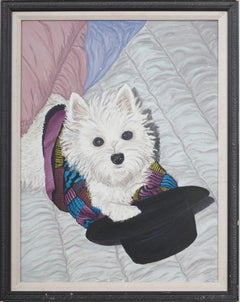 American School Realist Westie Dog Terrier Portrait Framed Original Oil Painting