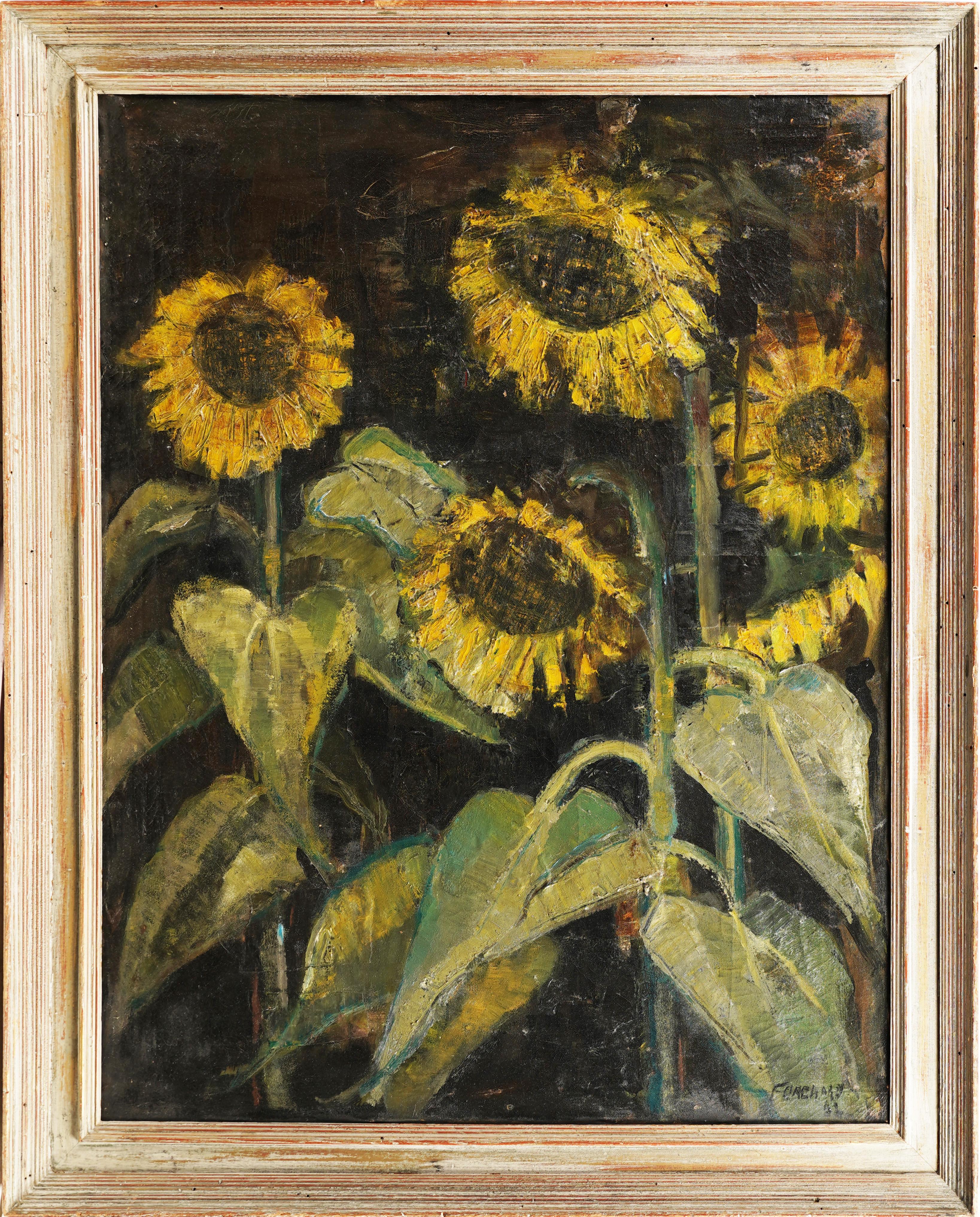 Antique American modernist signed sunflower still life oil painting.  Oil on canvas.  Signed.  Framed.  Image size, 28L x 36H.