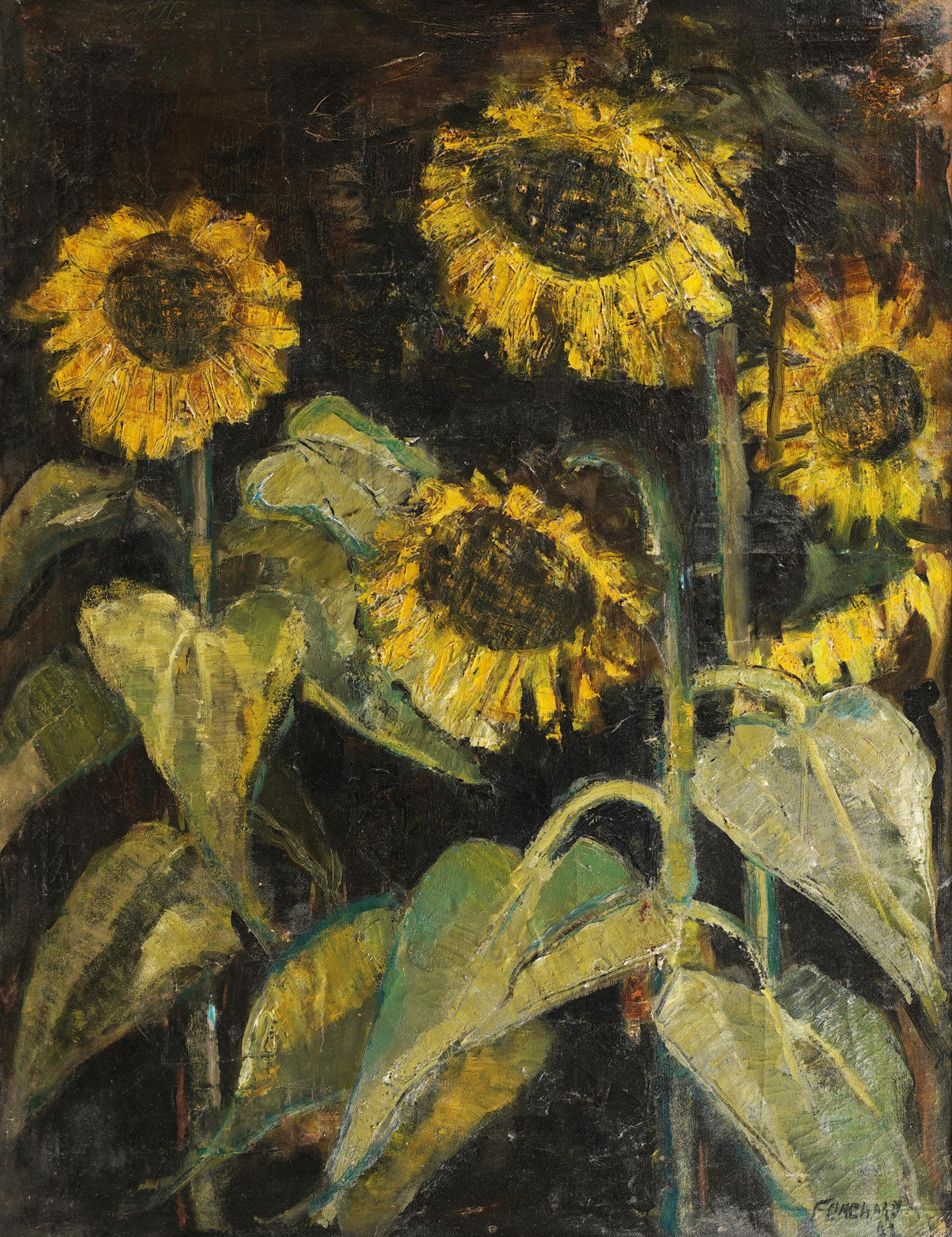 Amerikanische Schule signiert gerahmt Modernist große Sonnenblume Stillleben Ölgemälde (Abstrakt), Painting, von Unknown