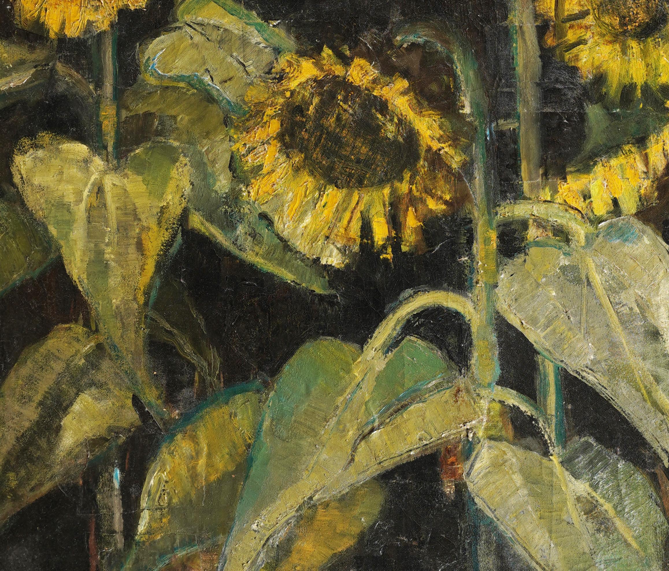 Antike amerikanische Modernisten unterzeichnet Sonnenblume Stillleben Ölgemälde.  Öl auf Leinwand.  Unterschrieben.  Gerahmt.  Bildgröße: 28L x 36H.