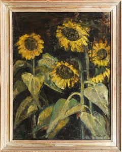 Pintura al óleo de la Escuela Americana Modernista firmada y enmarcada Gran bodegón de girasoles