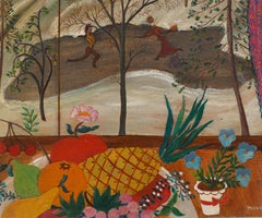 Scuola americana firmata Trompe L'Oeil Modernista Natura morta Scena di pattinaggio invernale