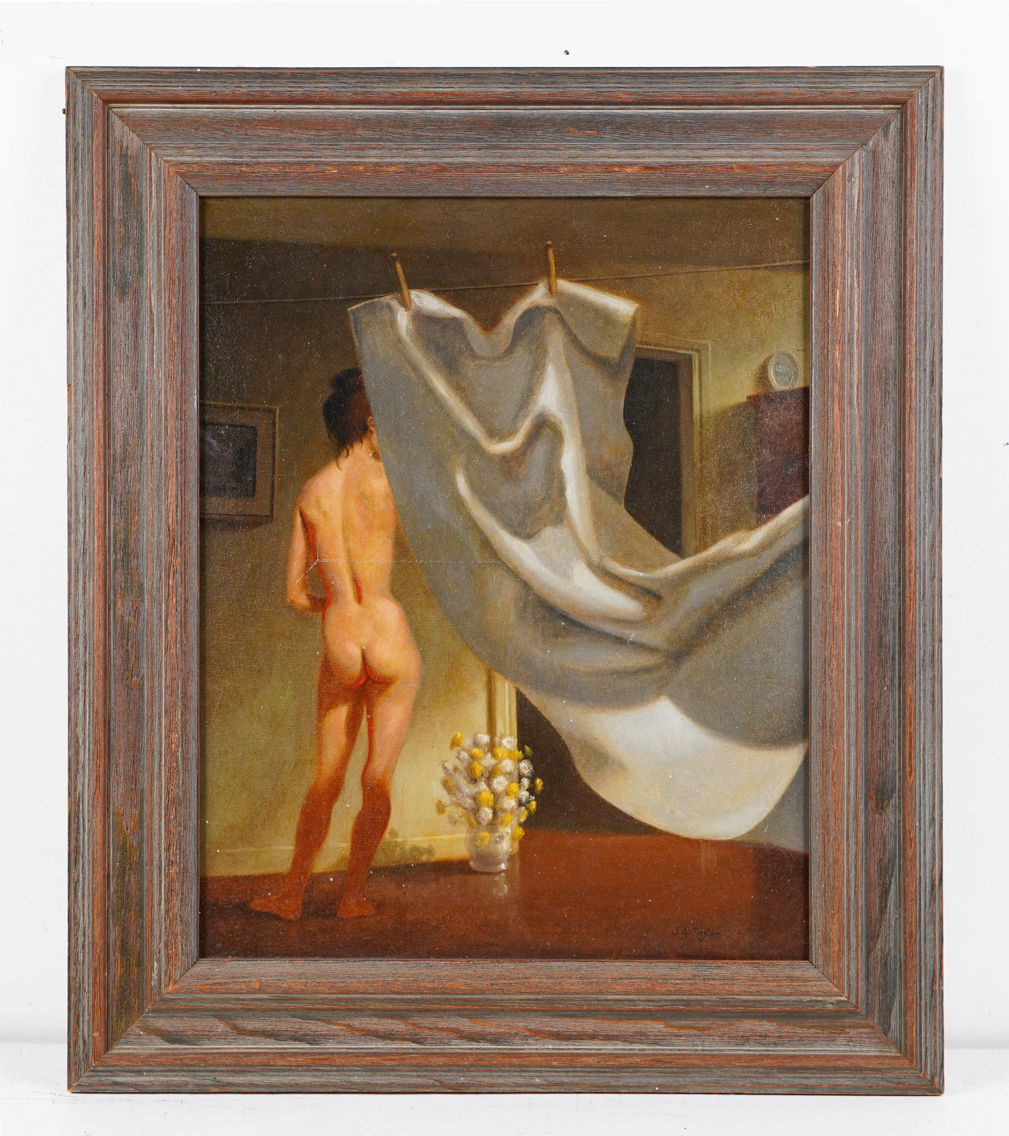 American School Signed Trompe L'Oeil Nude Woman Portrait Oil Painting - Brown Interior Painting by Unknown
