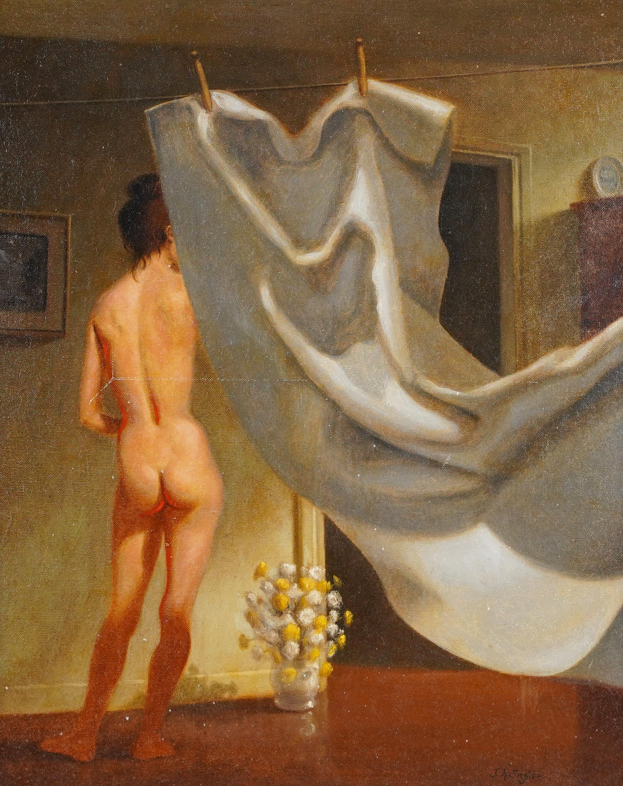Amerikanische Schule, signiert Trompe L'Oeil, nacktes Frauenporträt, Ölgemälde (Braun), Interior Painting, von Unknown