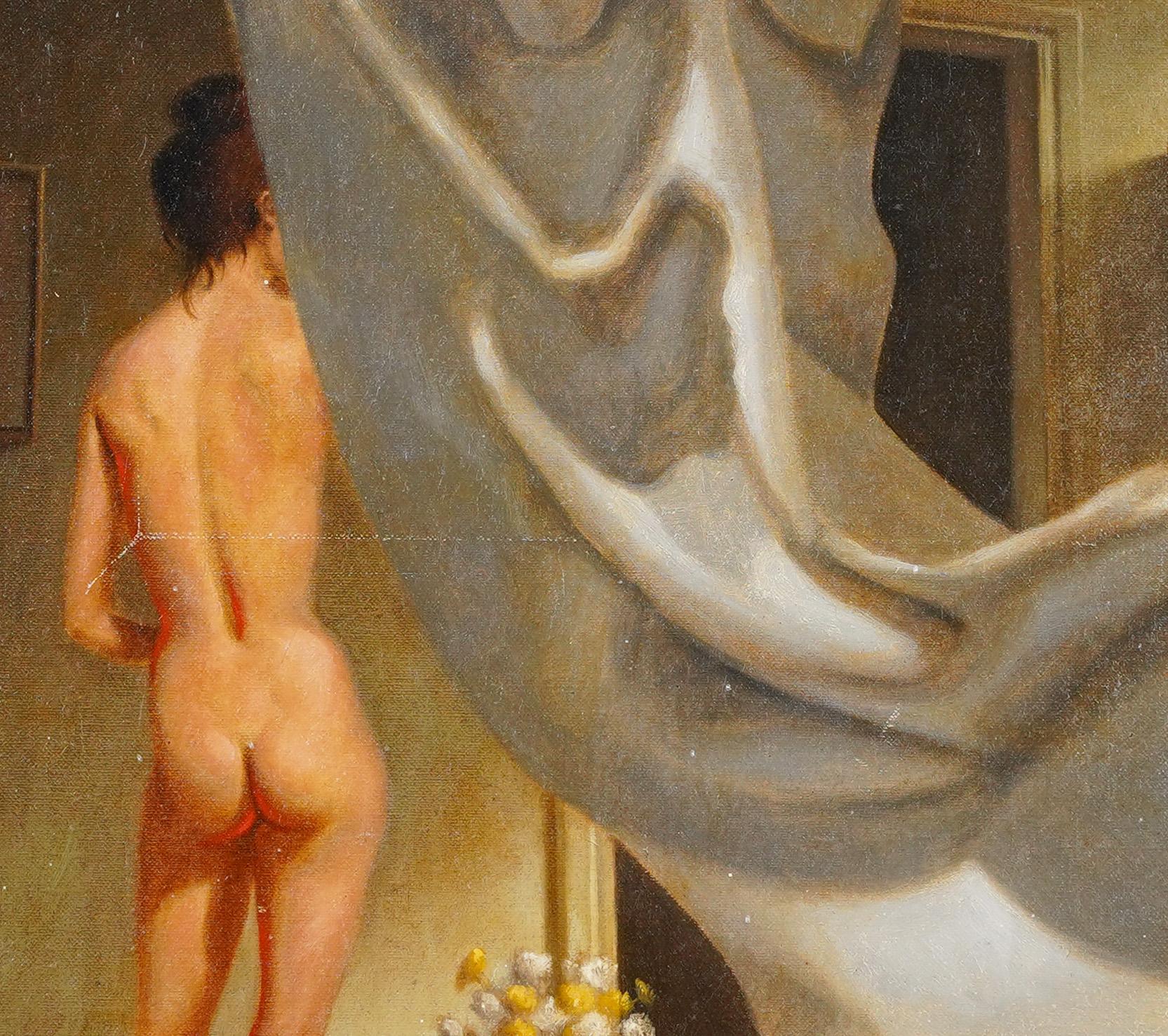 American School Signed Trompe L'Oeil Nude Woman Portrait Oil Painting For Sale 1