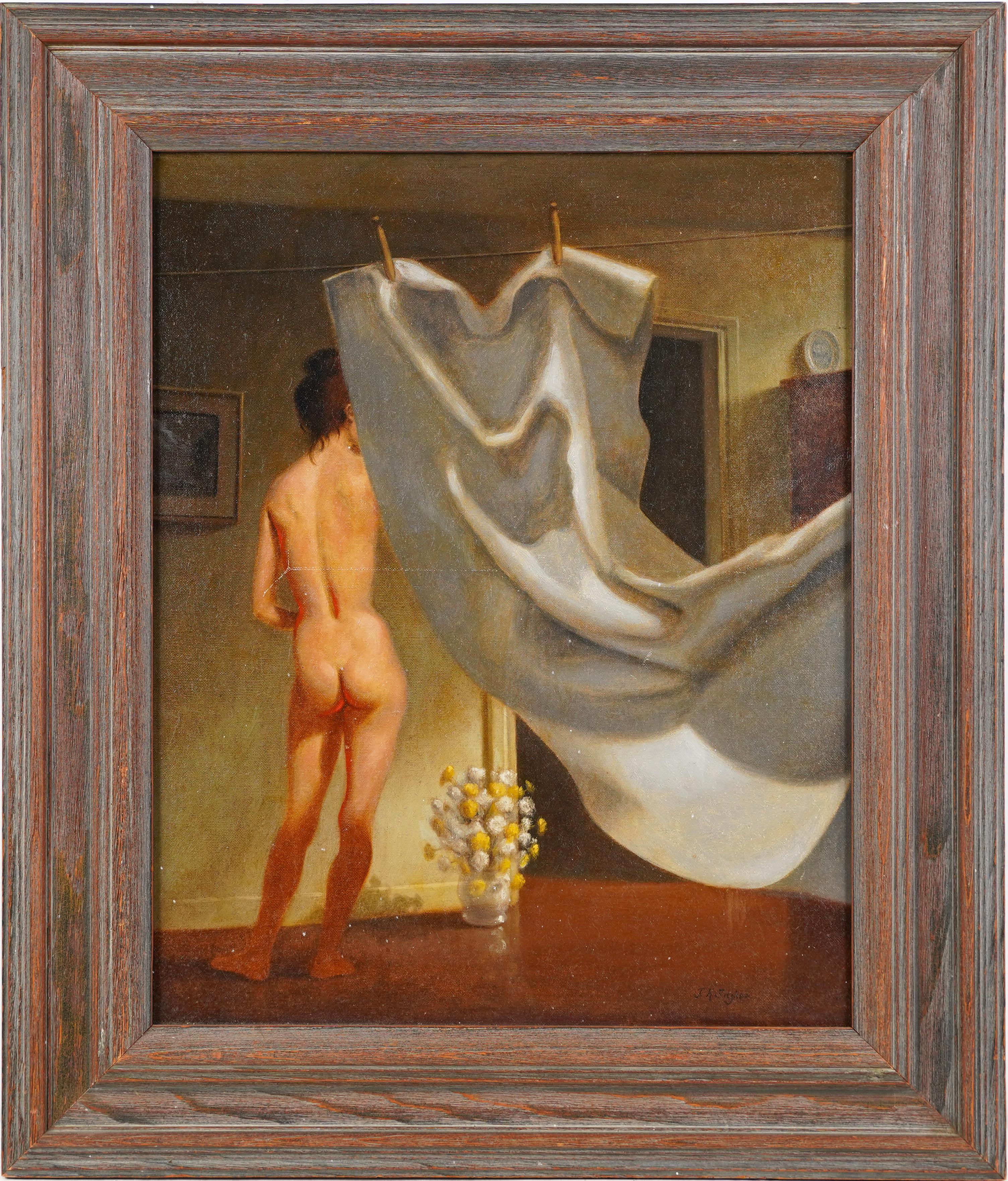 Unknown Interior Painting - American School Signed Trompe L'Oeil Nude Woman Portrait Oil Painting