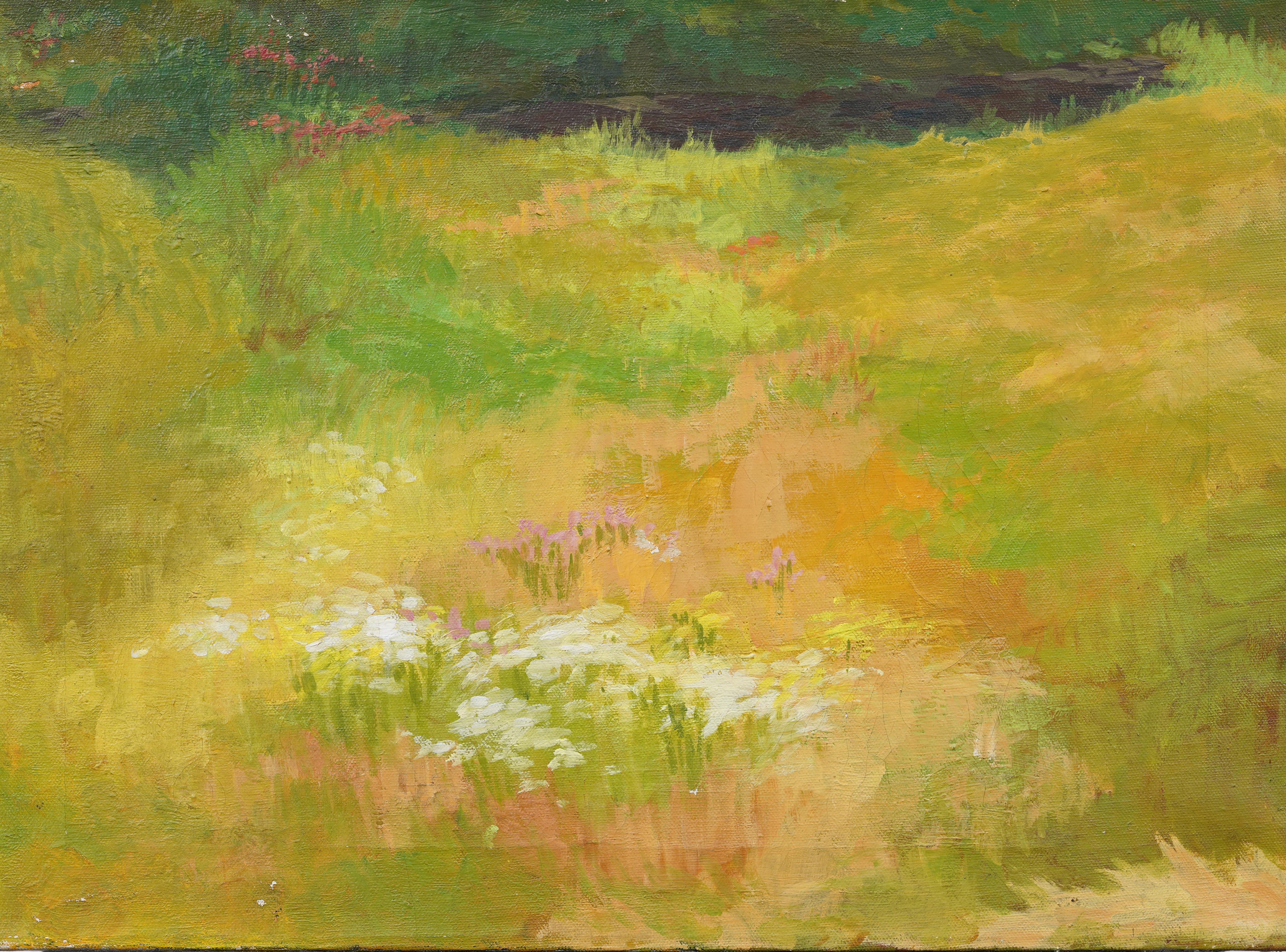 Scuola americana Fiori di campo estivi e sentiero di prato Pittura a olio impressionista - Painting Impressionismo di Unknown