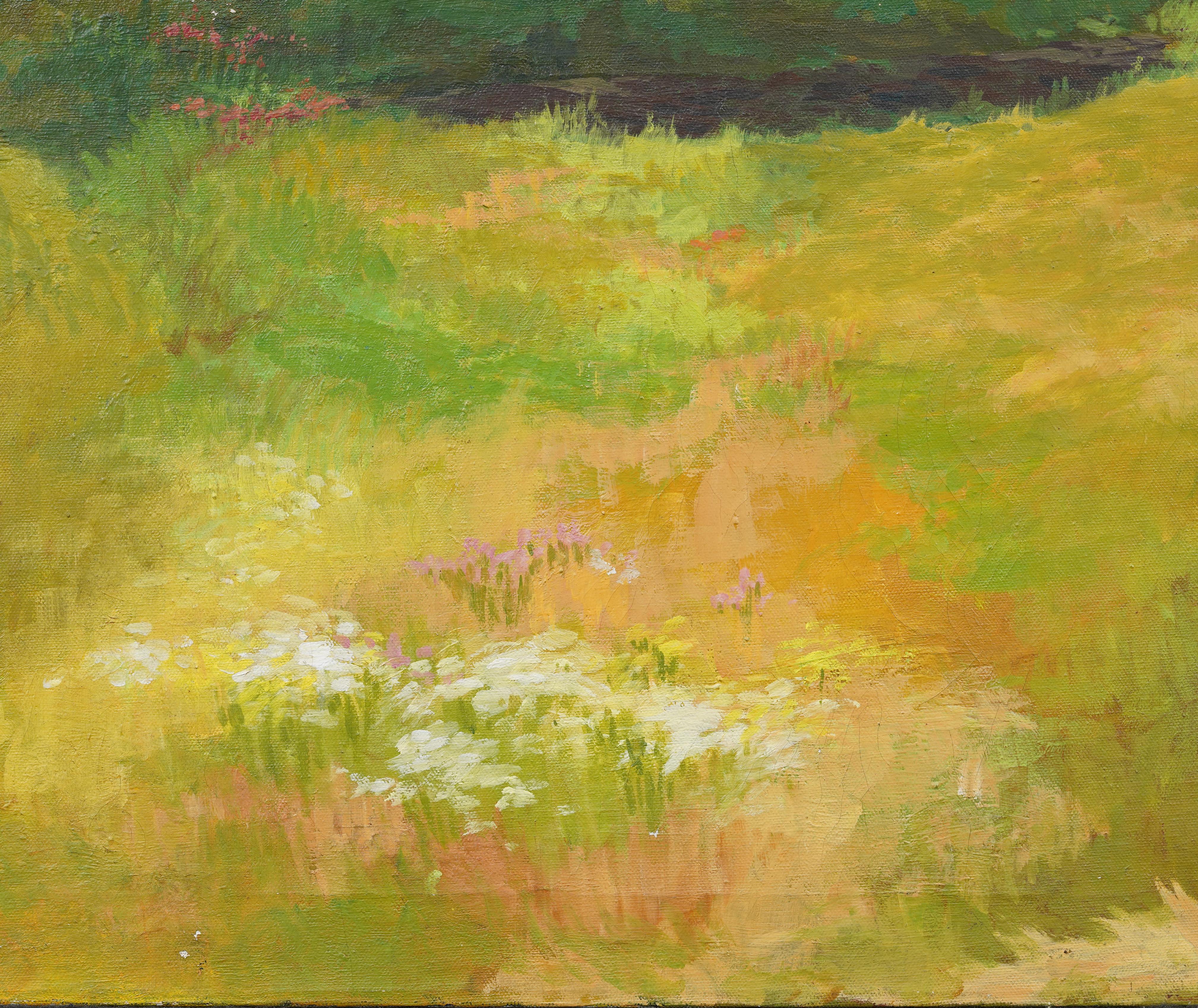 Scuola americana Fiori di campo estivi e sentiero di prato Pittura a olio impressionista - Abstract Painting Marrone di Unknown