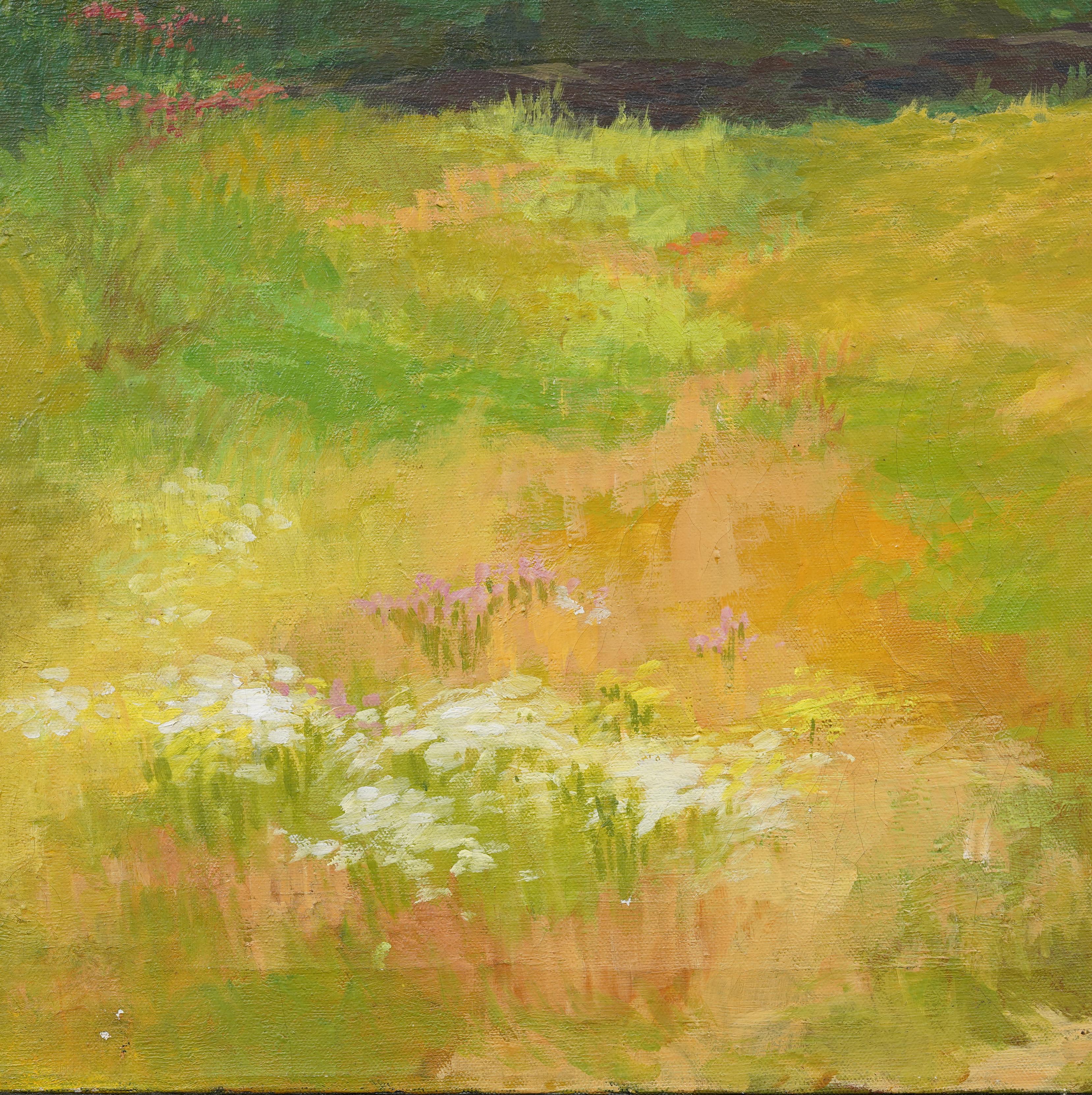 Questo dipinto a olio, un radioso paesaggio in stile impressionista, cattura il calore vibrante di un prato estivo disseminato di margherite bianche e fiori di campo rosa-arancio. Le pennellate sciolte ed espressive trasmettono un campo luminoso che