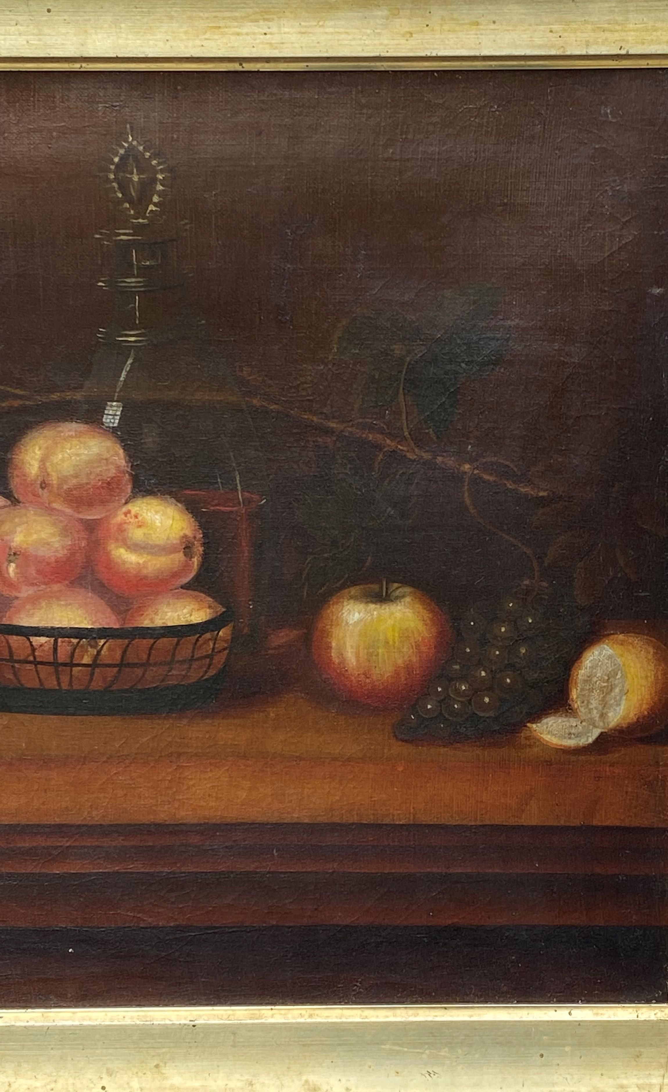 Amerikanische amerikanische Schultischplatte, Stillleben mit Obst, um 1875-90 (Volkskunst), Painting, von Unknown
