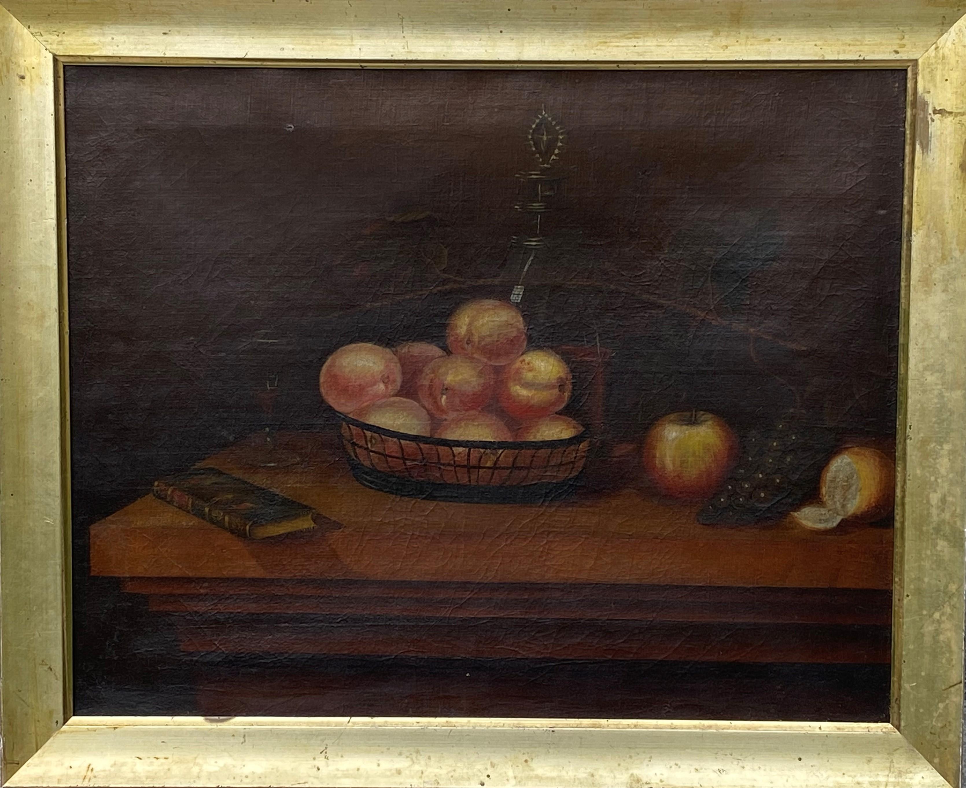 Unknown Still-Life Painting – Amerikanische amerikanische Schultischplatte, Stillleben mit Obst, um 1875-90