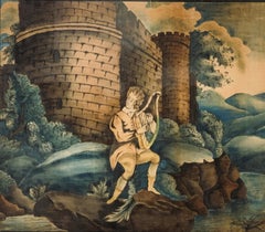 American School Theorum Painting of King David Playing a Harp, mid-19th C